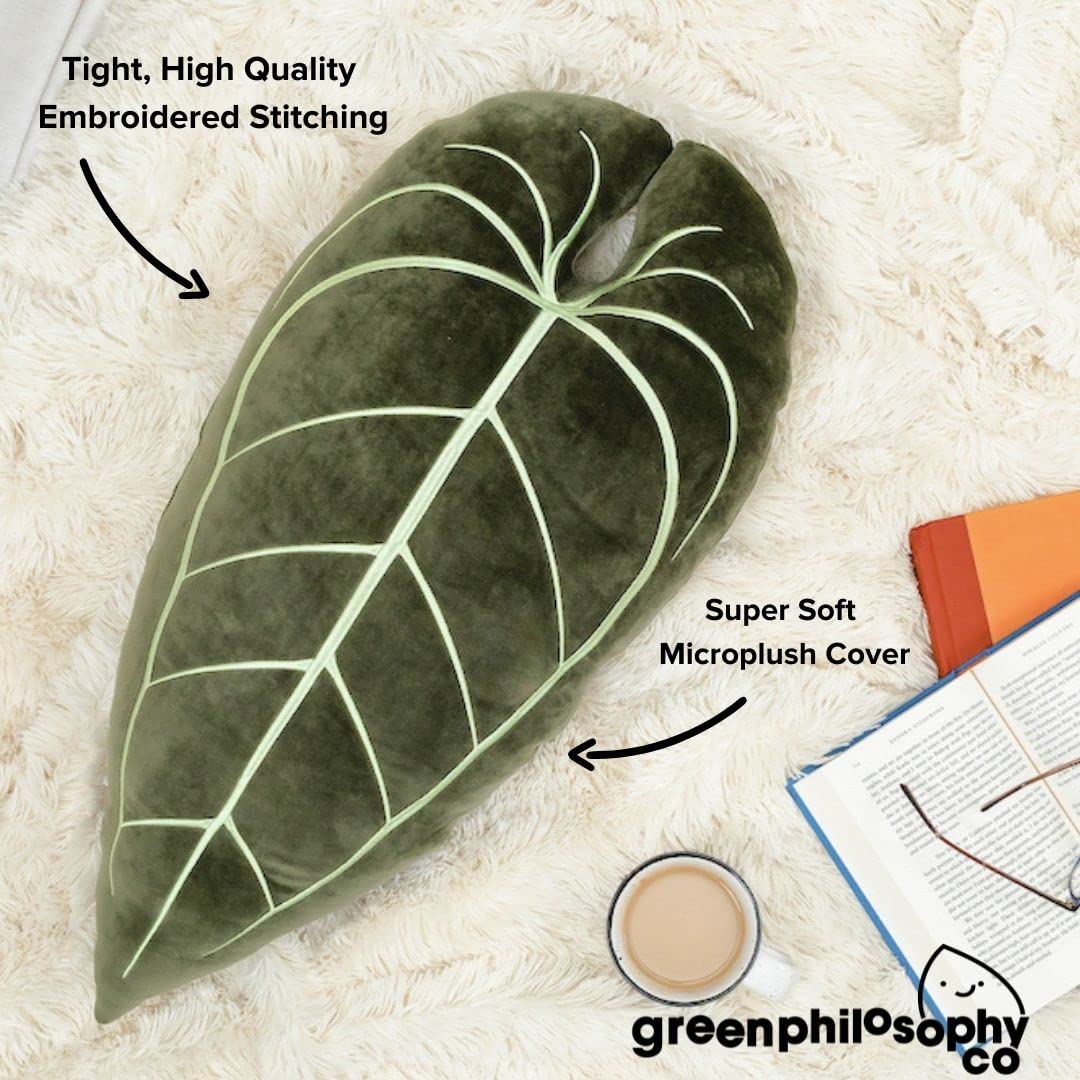 Green Philosophy Co. Plush Succulent Leaf Pillow 3D Accent Anthurium Warocqueanum Plant Throw Pillows for Couch Sofa Living Room Home Decor for Plant & Garden Lovers, Green Thumb Family & Friends