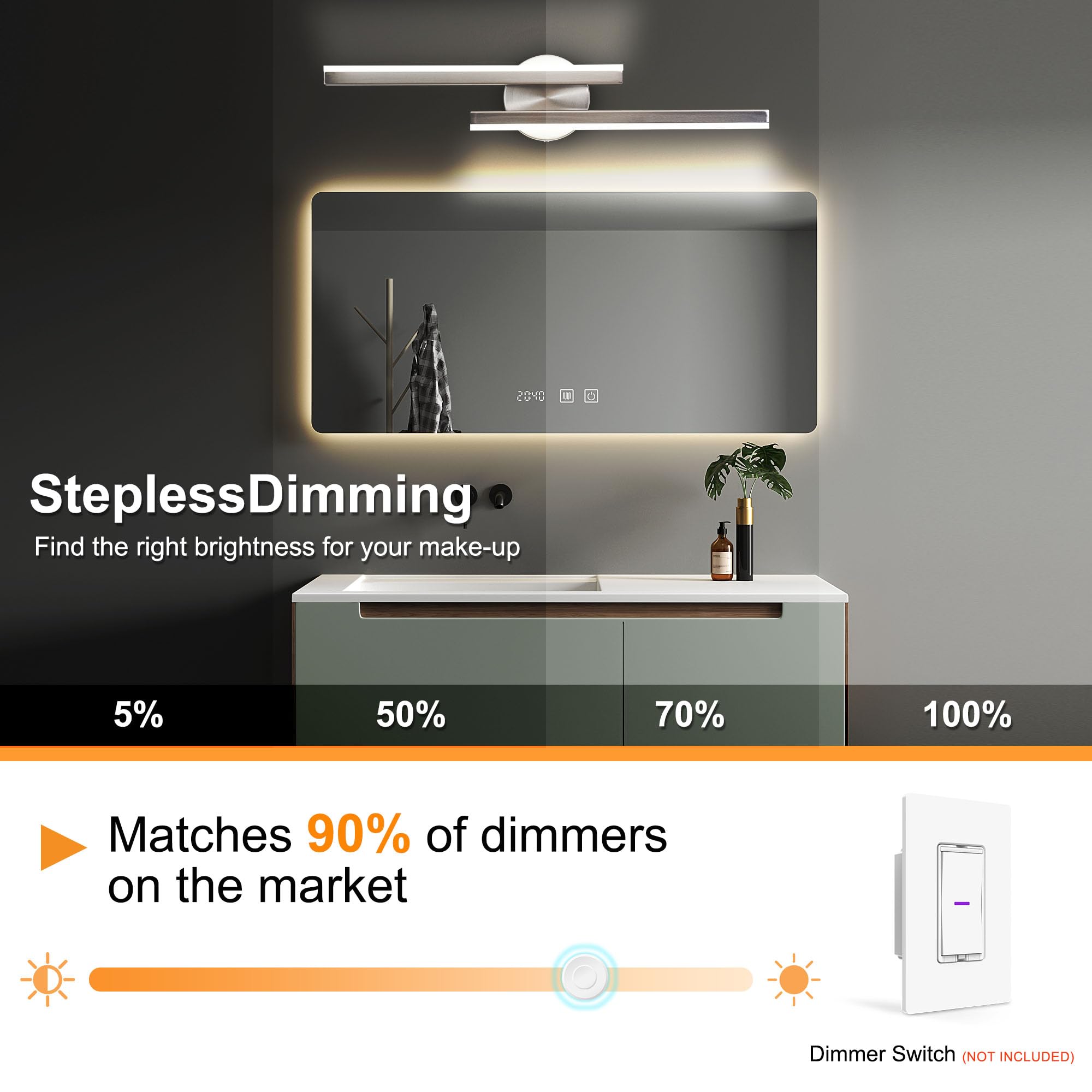 KAMLAM 24" Modern Led Bathroom Vanity Light 2 Light, Dimmable Over Mirror Vanity Lighting Bar Rotatable, 24W Cool White 5000K, Adjustable Nickel Vanity Light Fixture for Bedroom: Silver 24in 2-Light
