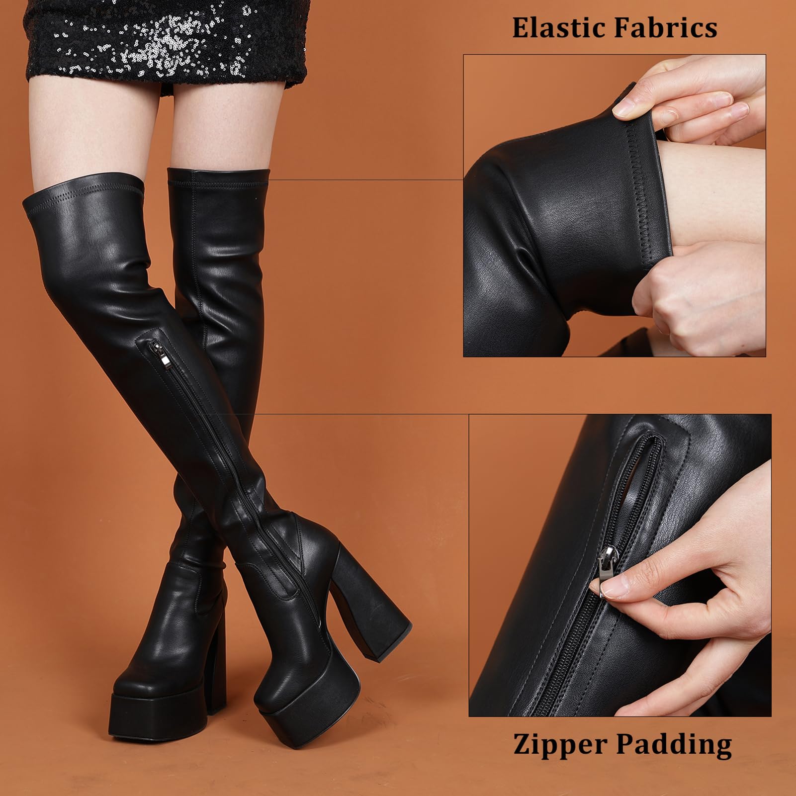 LanreyTaley Platform Thigh High Boots for Women Chunky Block Heels Over The Knee Boots Stretch Go-Go Boot Square Toe Party Boots with Zipper: 10 Black