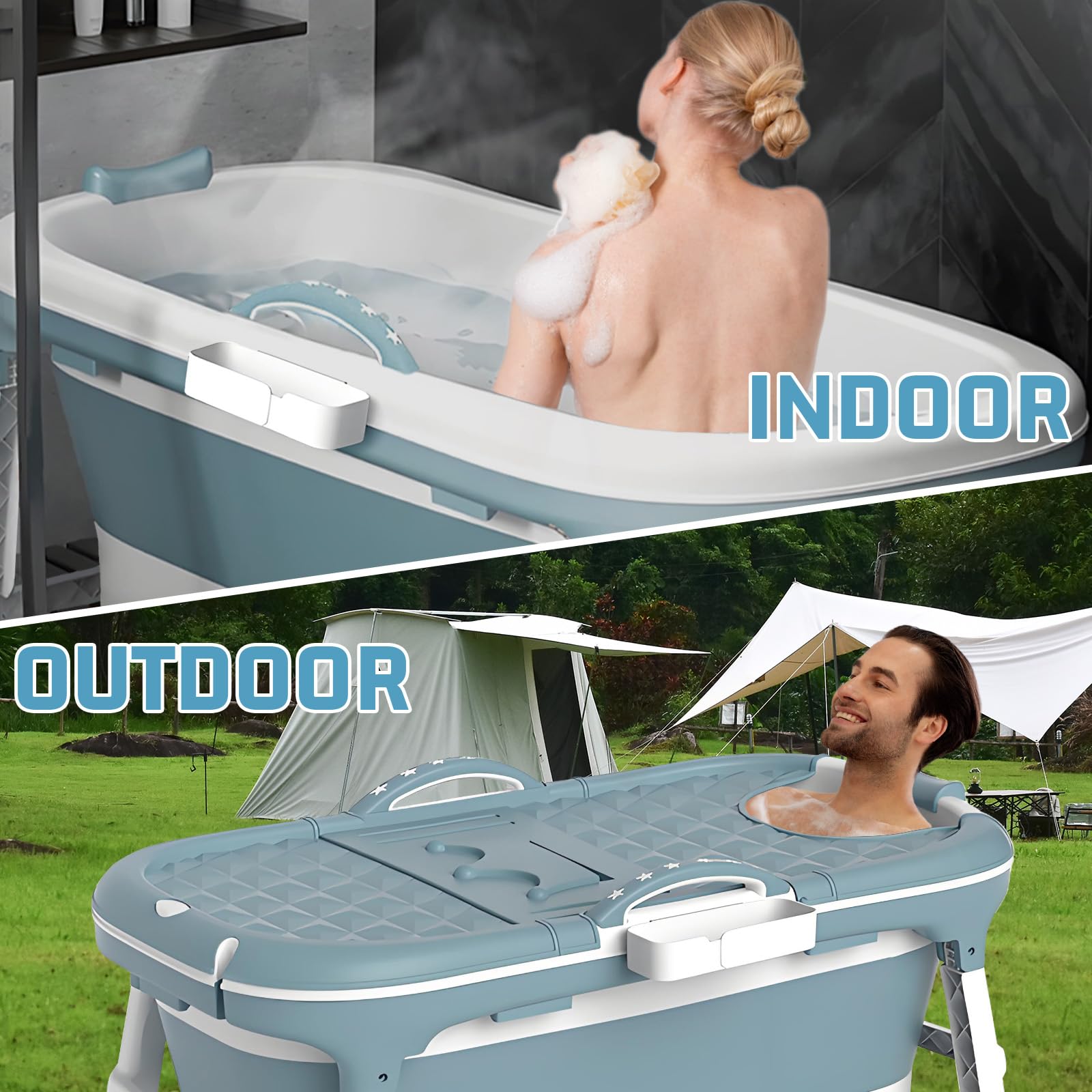 Portable Bathtub with Thermometer,59 Inch Foldable Bathtub for Adults,Soaking Bath Tub with Removable Cushion,Non-Slip Carpet and Cover,Collapsible Tub for Hot Bath, Ice Bath (Blue, 59IN)