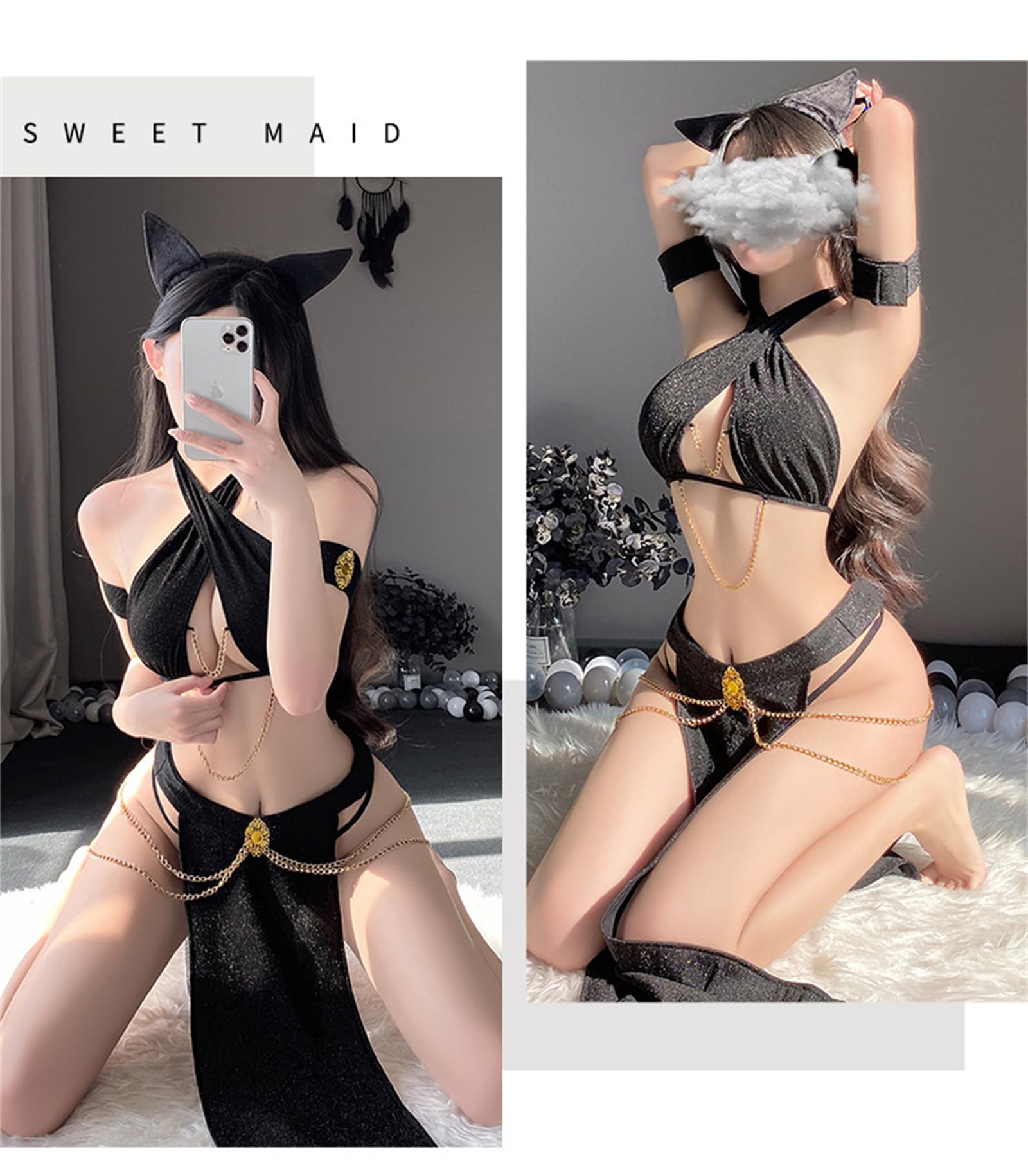 SEXYTINE Women's Cosplay Costumes Outfit Dress Babydoll Lingerie Set: Black Free Size