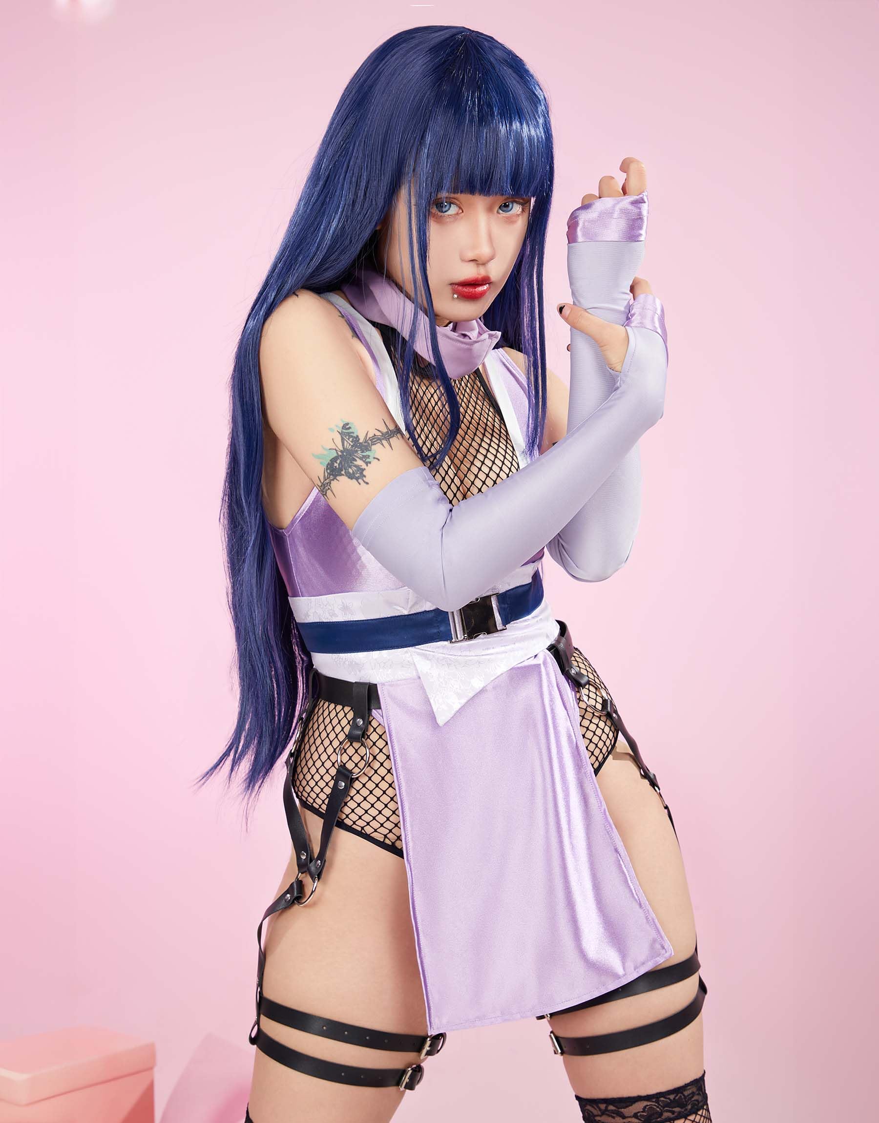 Mobbunny Womens Anime Cosplay Costume Purple High Slit Bodysuit Fishnet Mesh Bodysuit with Mask and Thigh Socks: Small