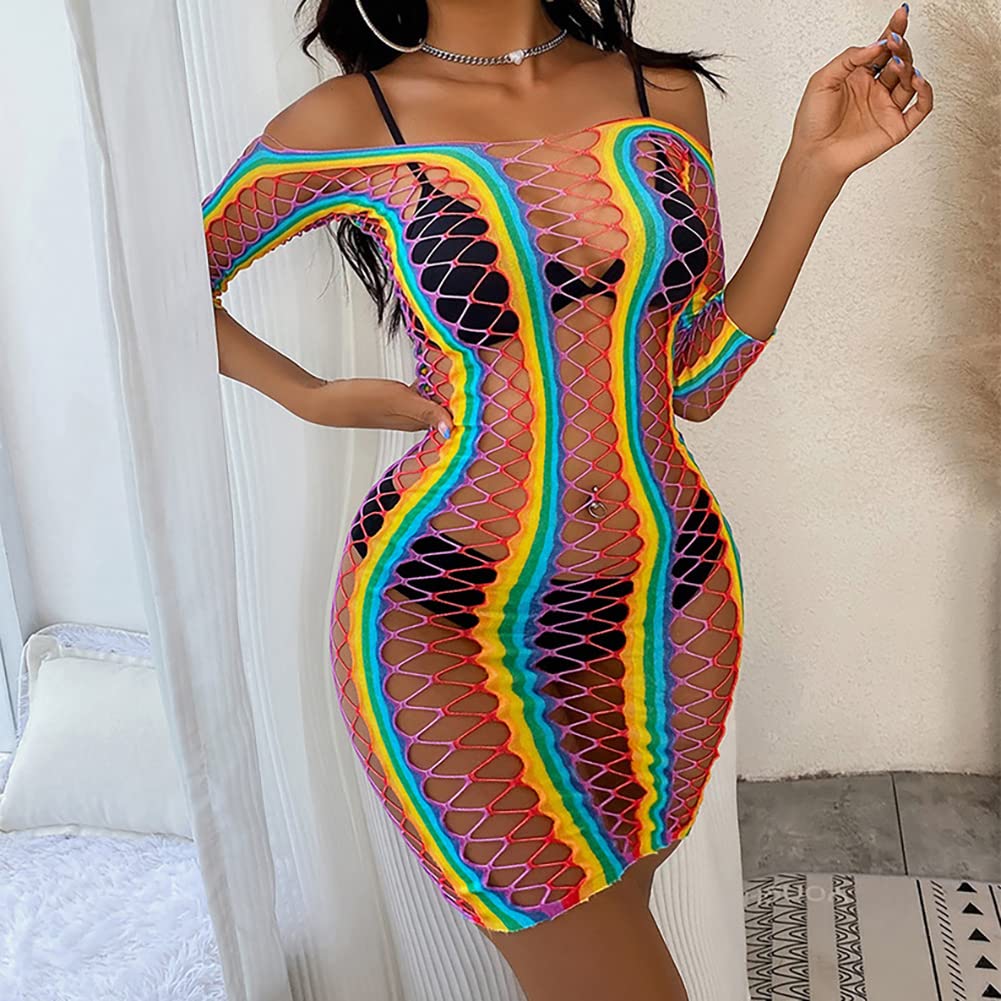 ABAFIP Women Colorful Rainbow Striped Fishnet Bodysuit Teddy Babydoll Mini Dress Festival Rave Dance Bikini Beach Coverups