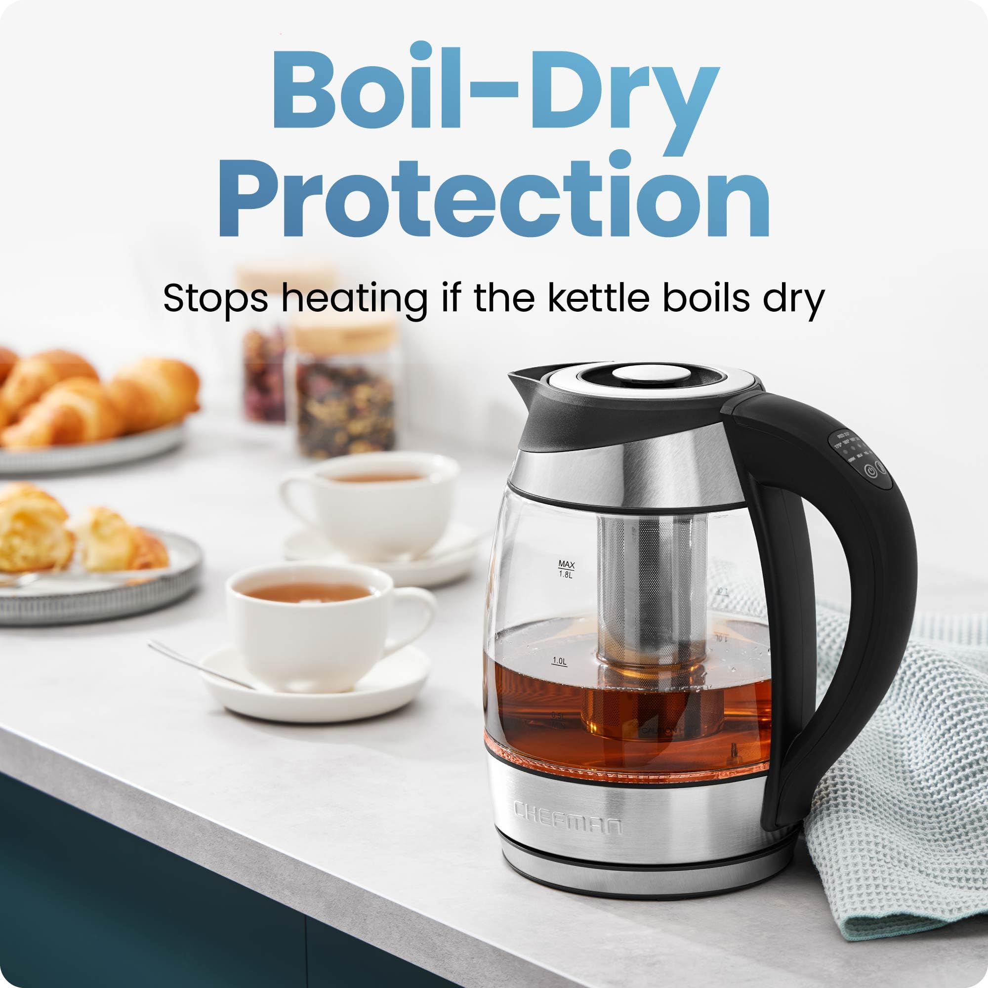 Chefman Electric Kettle with Temperature Control, 5 Presets LED Indicator Lights, Removable Tea Infuser, Glass Tea Kettle & Hot Water Boiler, 360° Swivel Base, BPA Free, Stainless Steel, 1.8 Liters: 1.8L - Temperature Control