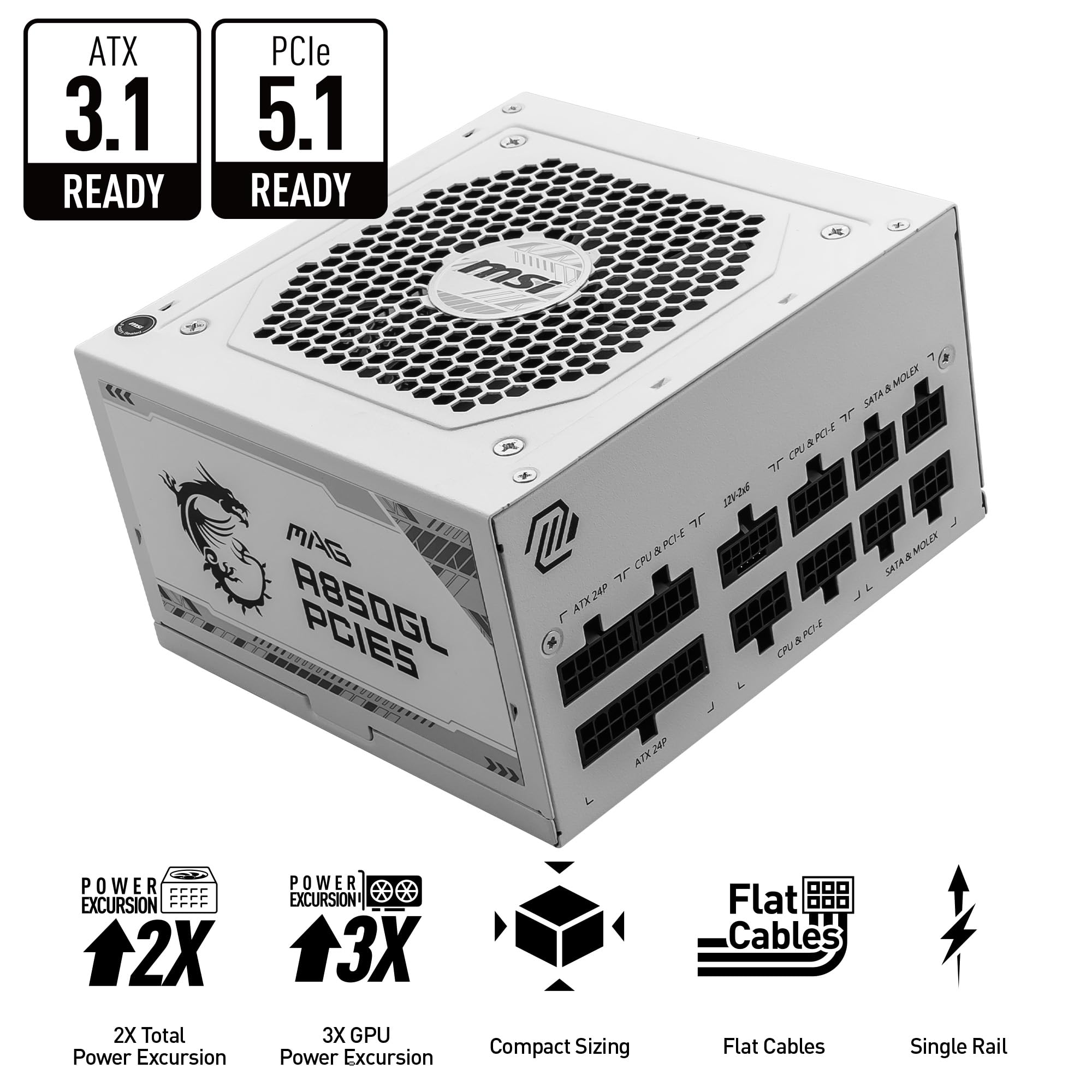 MSI MAG A750GL PCIE 5.1 & ATX 3.1 Gaming Power Supply - Full Modular - 80 Plus Gold Certified 750W - Compact Size - ATX PSU - 10 Year Warranty: MAG A850GL PCIE5 WHITE