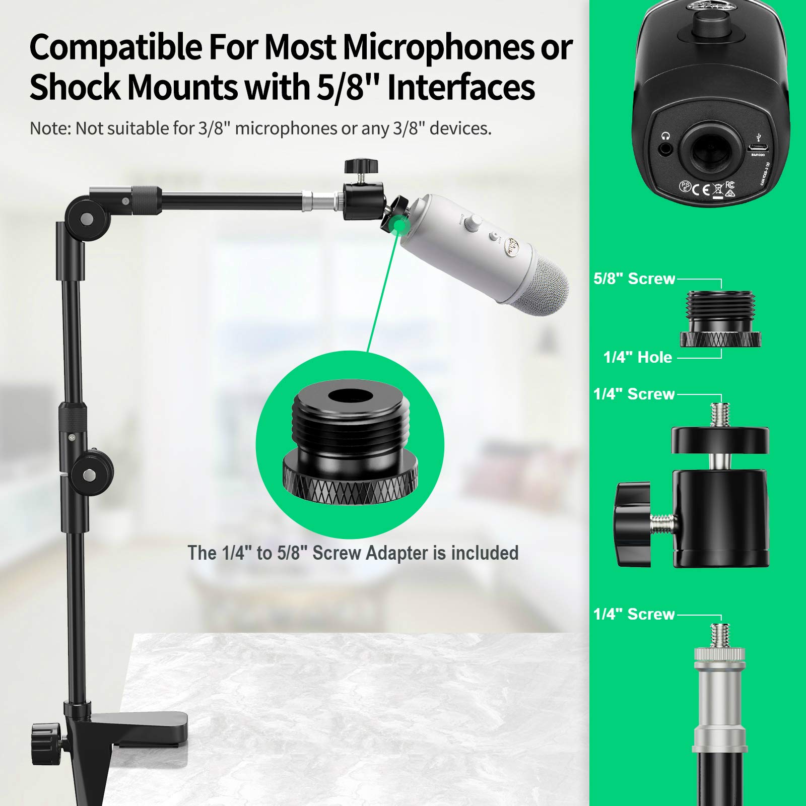 Webcam Stand Camera Mount with Phone Holder & 5/8" Screw, 22in Flexible Projector Stand Gooseneck Desk Mic Stand for Logitech C922 C930e C920 C615 C960 Brio 4K, GoPro, Blue Yeti Snowball Ice