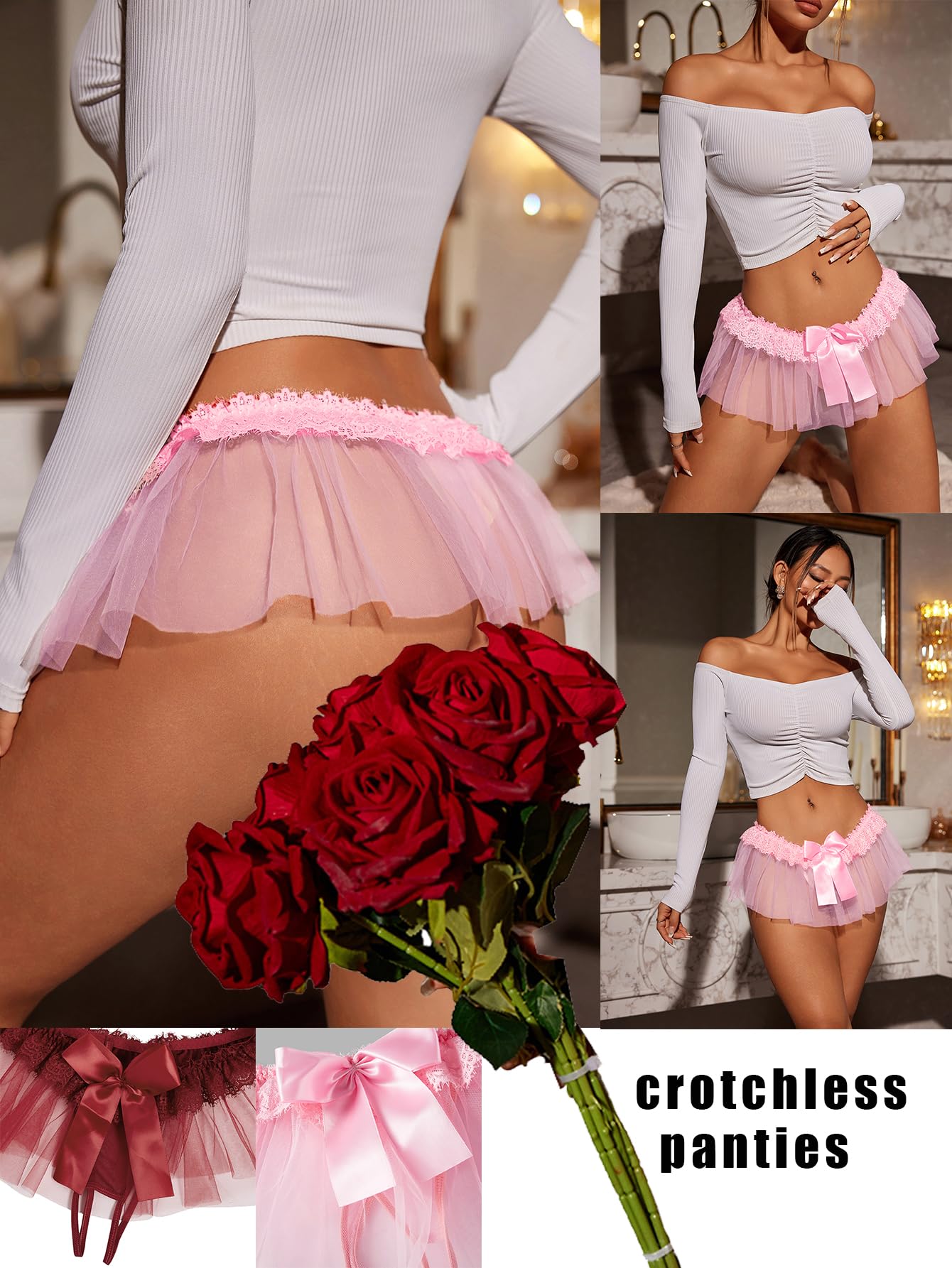 OYOANGLE Women's Mesh Babydoll Lingerie Cute Bow Tie Ruffle Lace Trim Thong Panty Low Rise Underwear: Small Pink