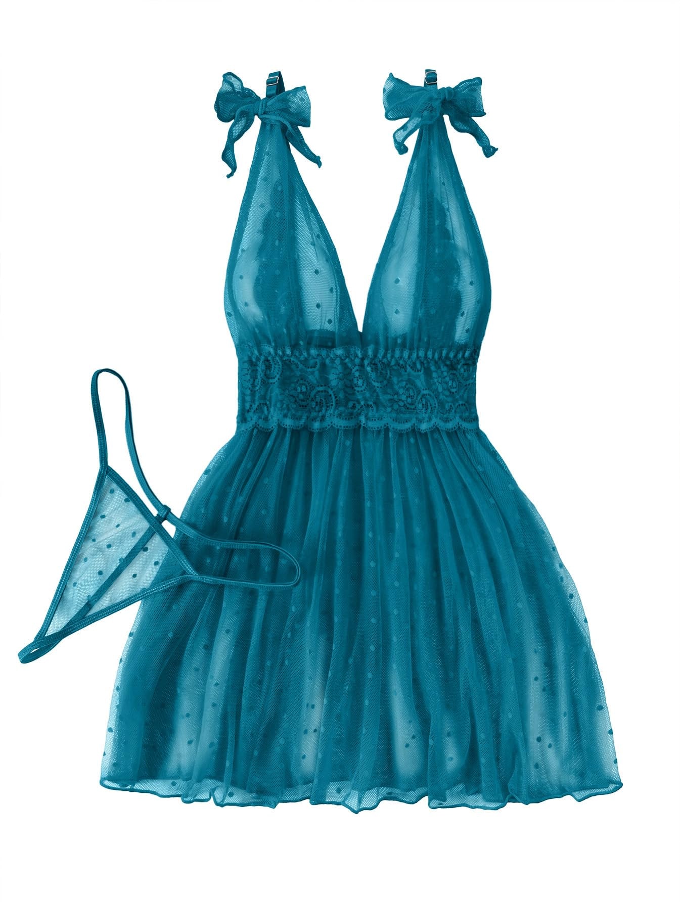 Lilosy Sexy Polka Dots Mesh Sheer Lace Babydoll Chemise Lingerie Set Floral Lace Sleep Wear: Small Turquoise