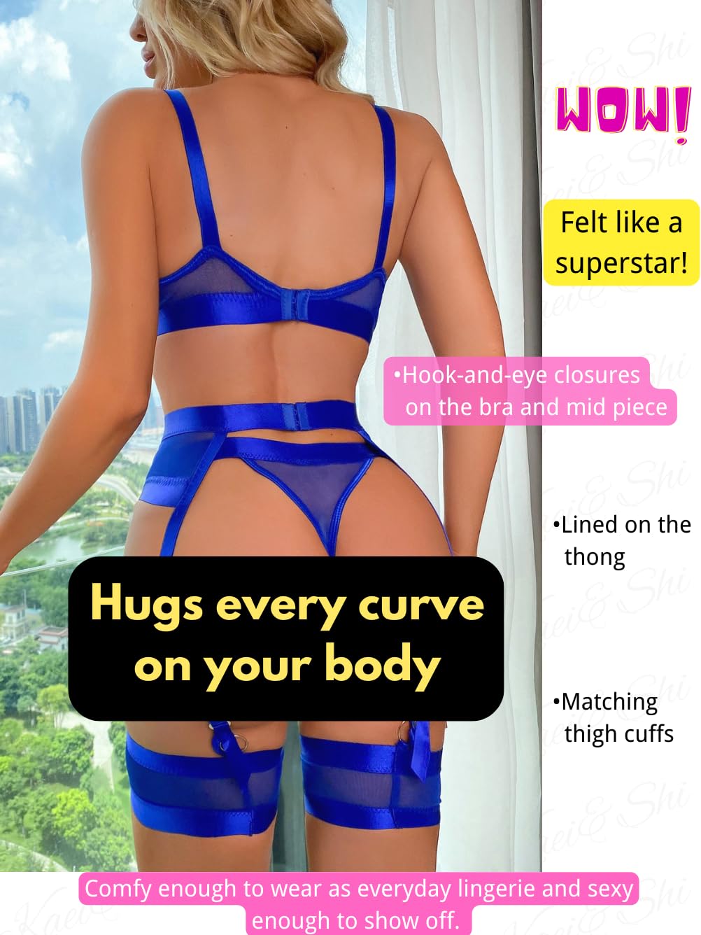 Garter Lingerie for Women,Sexy Lace Lingerie,Sheer Matching 4 Piece Lingerie Set: 16 Royal Blue