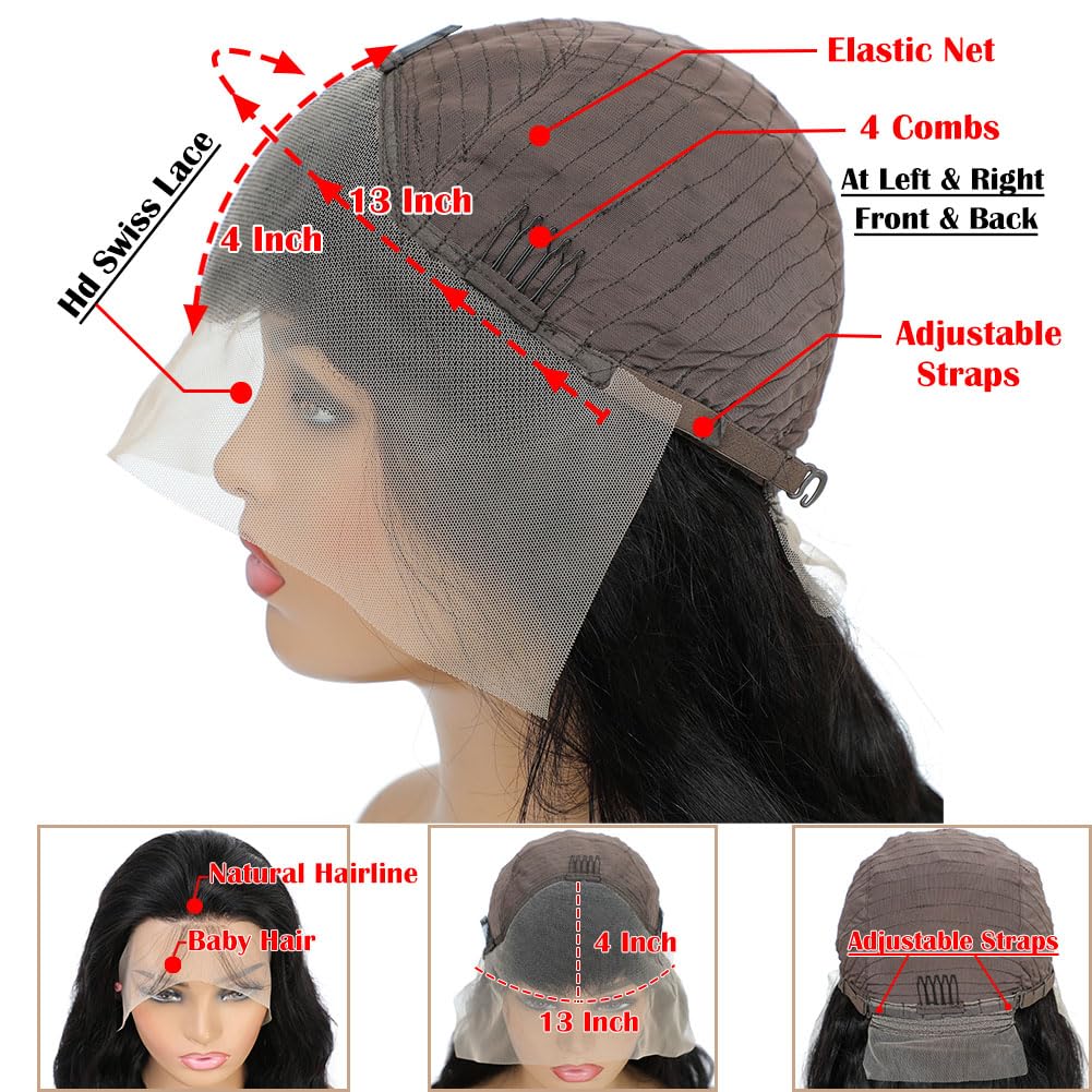 13x4 Body Wave Lace Front Wigs Human Hair Pre Plucked HD Transparent Lace Frontal Wig with Baby Hair 180 Density 9A Glueless Brazilian Virgin Human Hair Lace Front Wigs for Women 20 Inch Natural Black