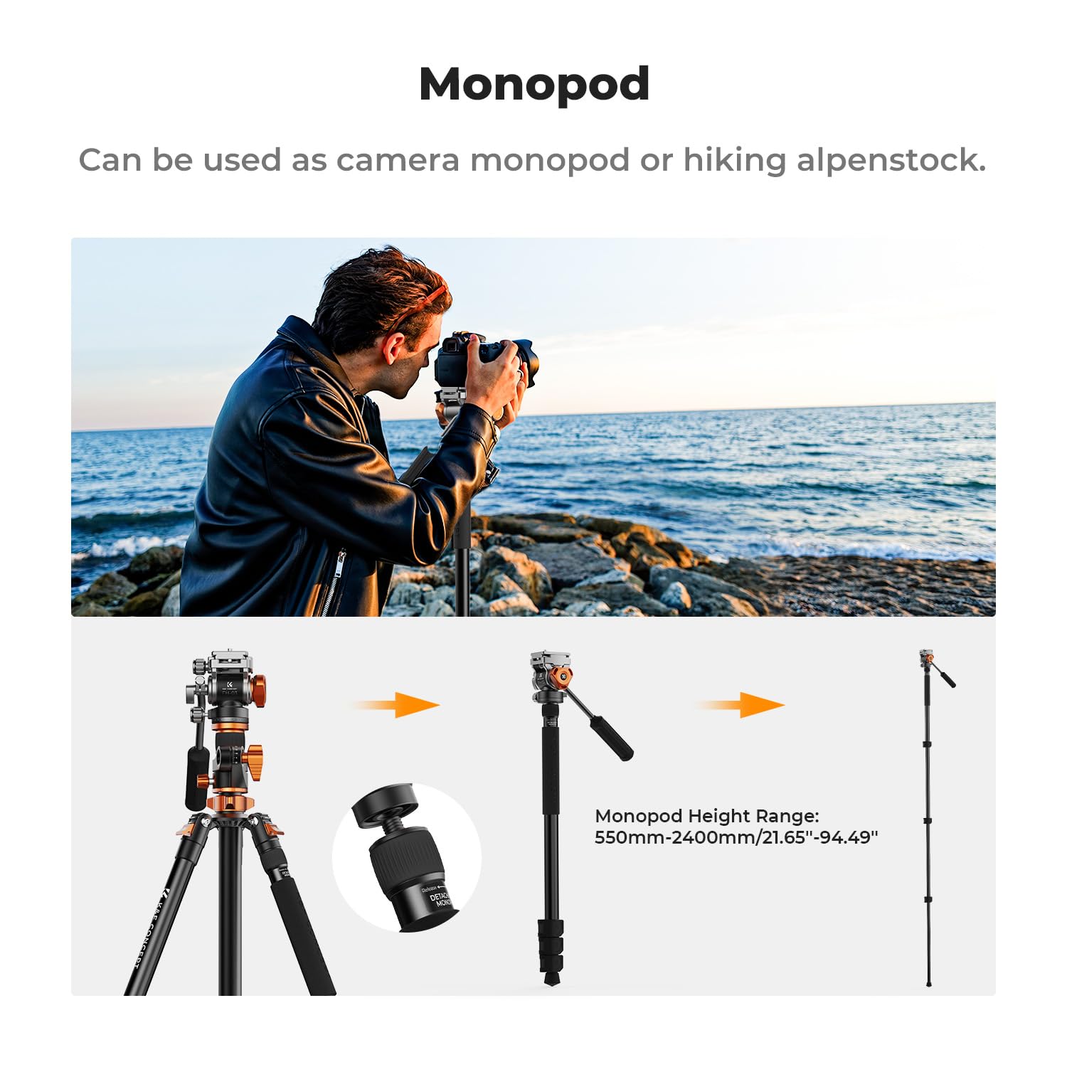 K&F CONCEPT 90''/230cm Ultra High Camera Tripod,Horizontal Overhead Shooting Travel Tripods with Metal Ball Head 10KG Load Capacity,Detachable Monopod, for Indoor and Outdoor Use: T254A7+FH-03