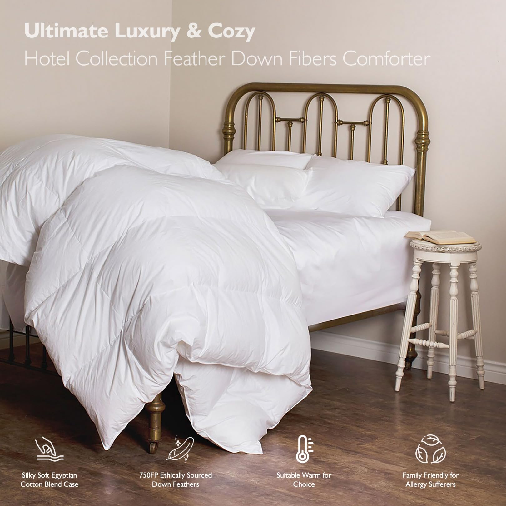 Cobnom® Hotel Luxury Feather Down Comforter Queen Size, Medium Warm All Season Duvet Insert, Silky Soft Egyptian Cotton Blend Cover, Ethically Sourced Feather & Down Filled, 90x90 Inch, White
