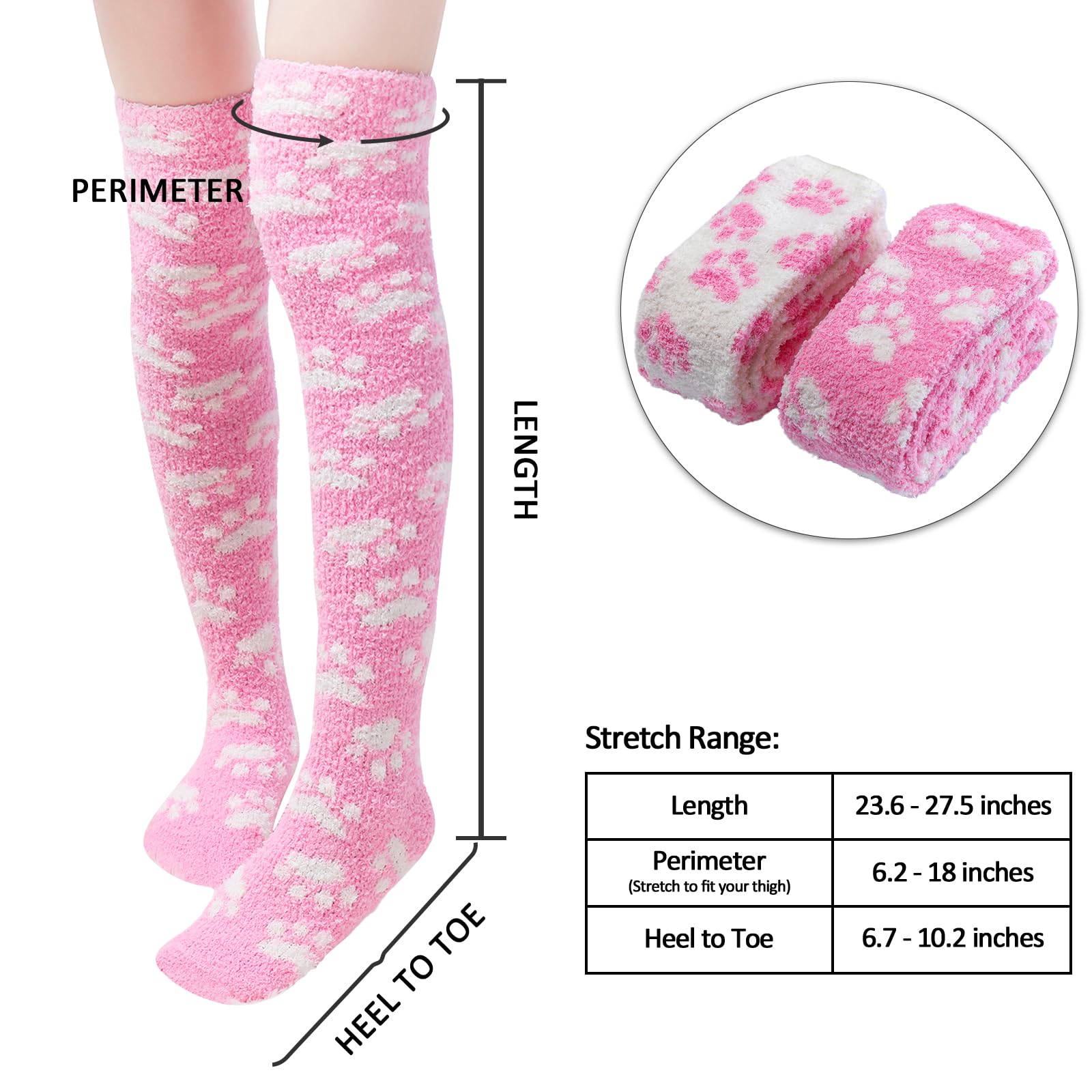 Littleforbig Cute Coral Fleece Thigh High Long Paws Pattern Socks 2 Pairs: Pink