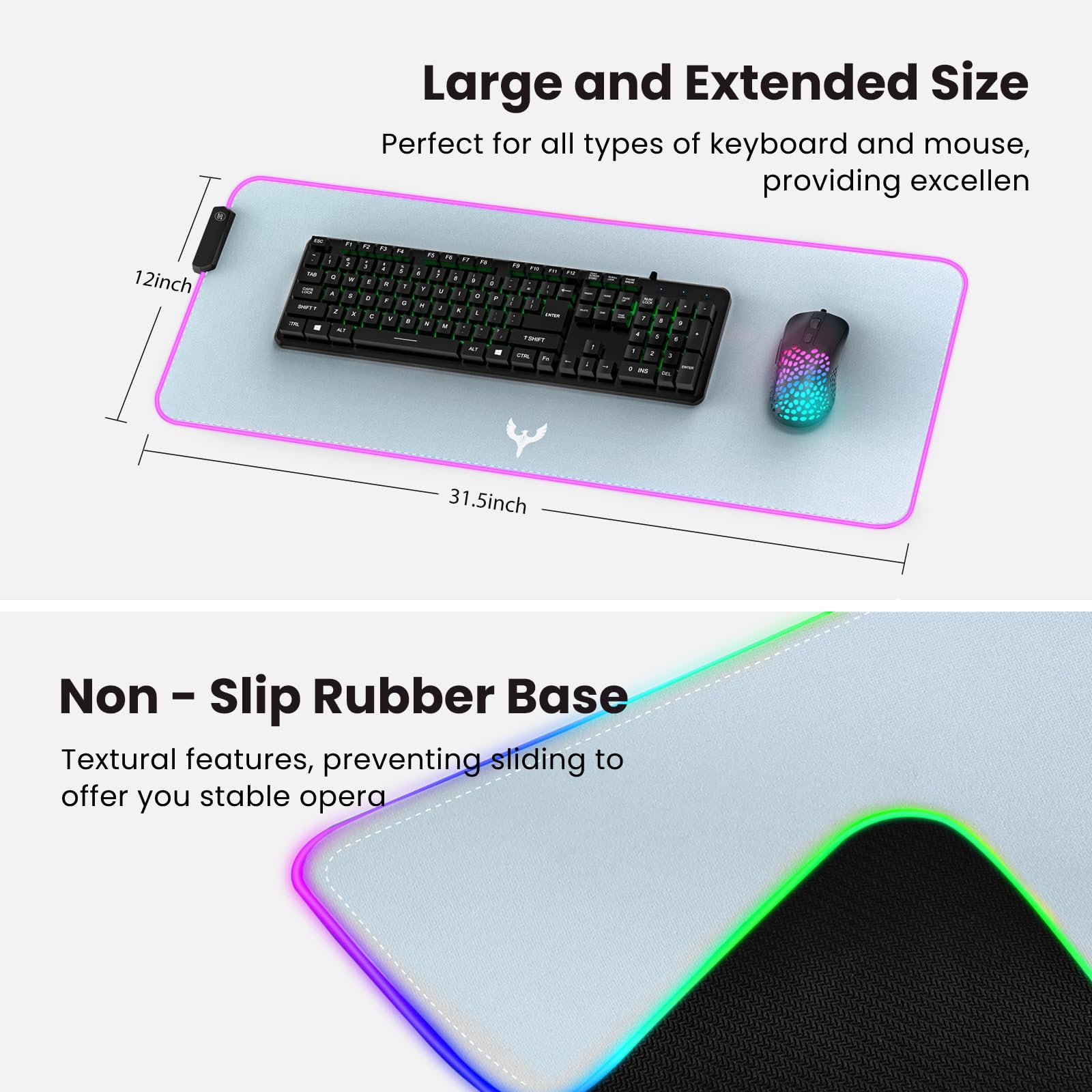 BladeHawks Extra Large RGB Gaming Mouse Pad-14 Light Modes, Extended Soft LED Mouse Pad, Anti-Slip Rubber Base, Computer Keyboard Mousepad Mat (31.5 x 12 Inch): Grey