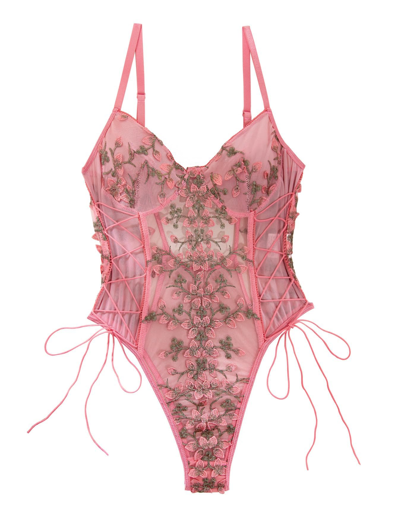 Lilosy Women Sexy Lace Up Floral Embroidered Teddy Lingerie Bodysuit Top Mesh Sheer One Piece