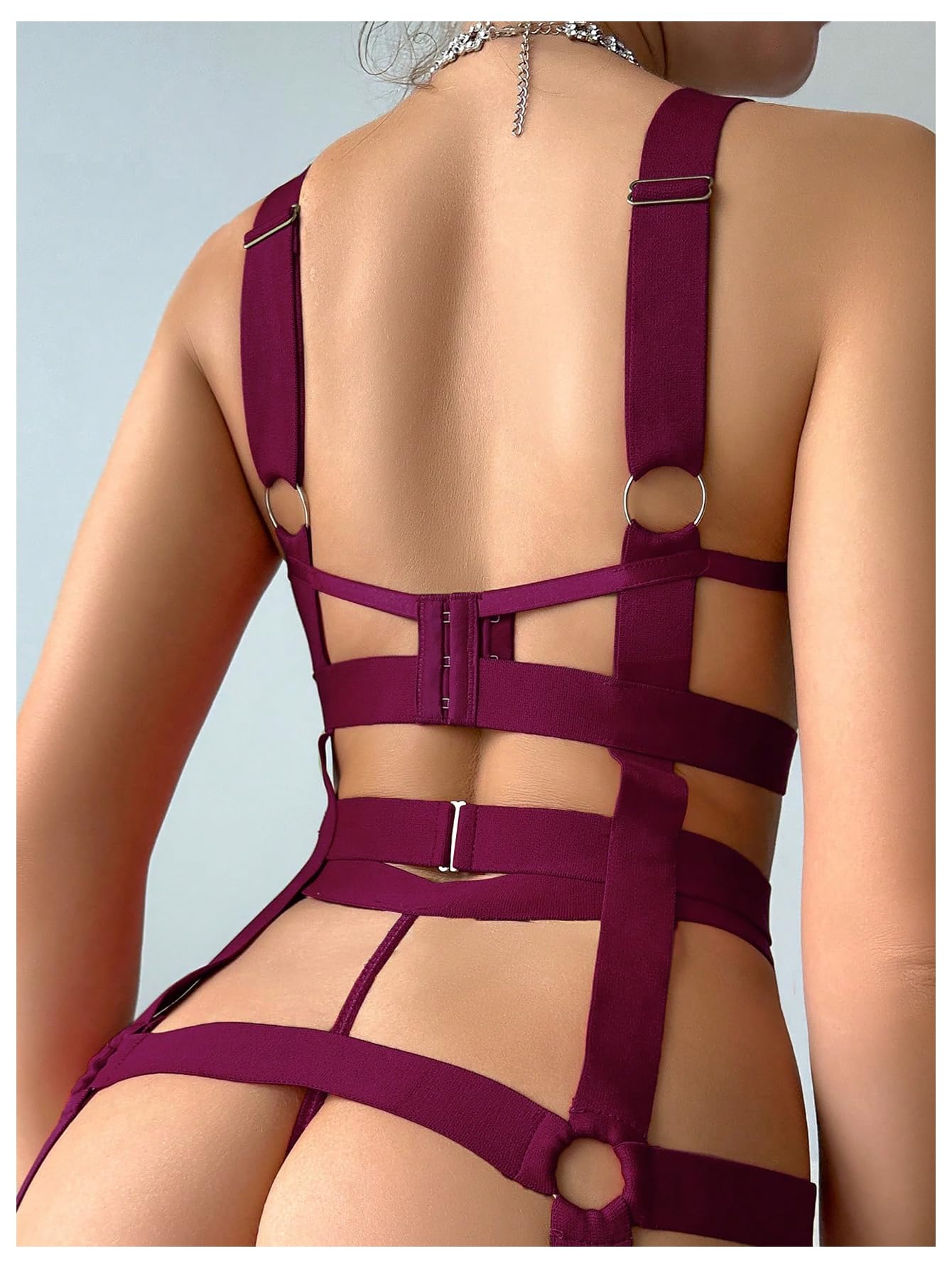 SOLY HUX Lingerie Set for Women 4 Piece Cutout Underwire Lingerie Set Bra and Panty with Leg Ring: Small Pure Red Violet