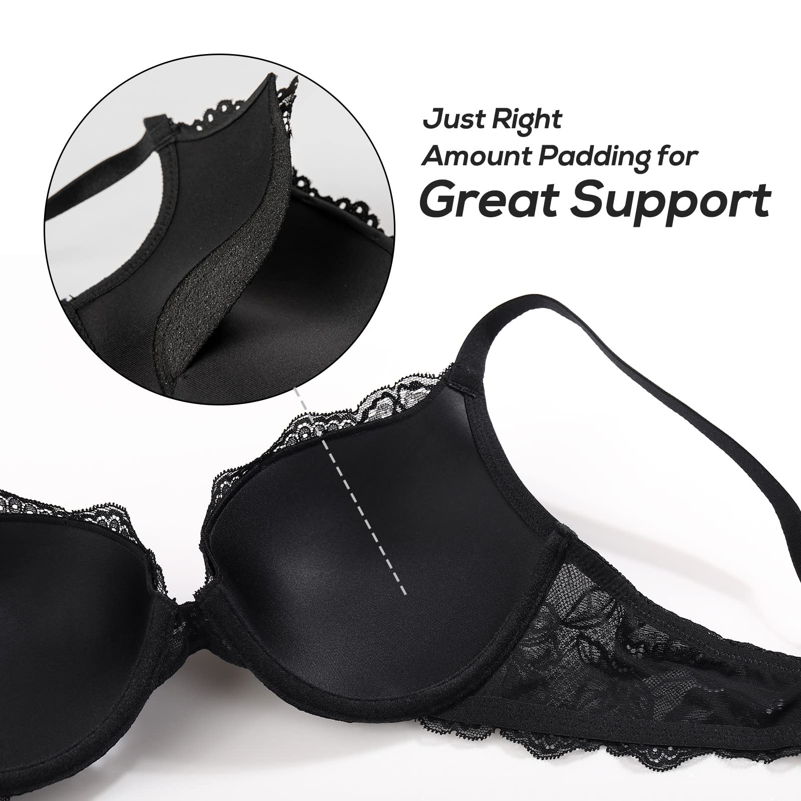 DOBREVA Women's Push Up Lace Bra Underwire Plunge Full Coverage Bras Sexy Plus Size Support: 40D Black