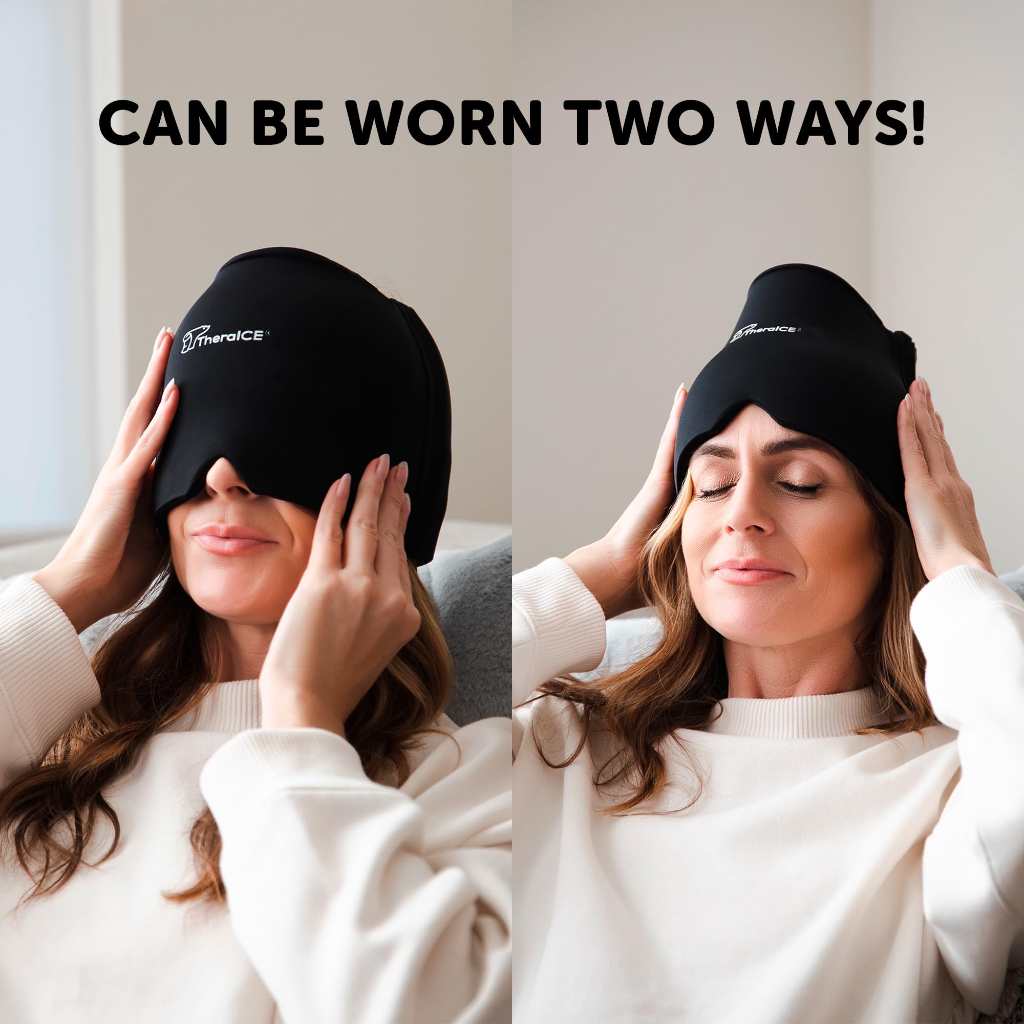 TheraICE Migraine Relief Cap, Soothing Headache Hat Ice Pack Mask, Face Cold Compress Cooling Gel Head Wrap Products for Tension, Stress & Hangover: Original Black 1.0