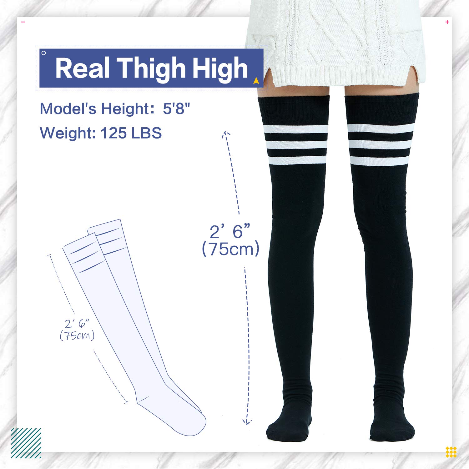 Kayhoma Extra Long Cotton Stripe Thigh High Socks Over the Knee High Plus Size Stockings…: Black/White