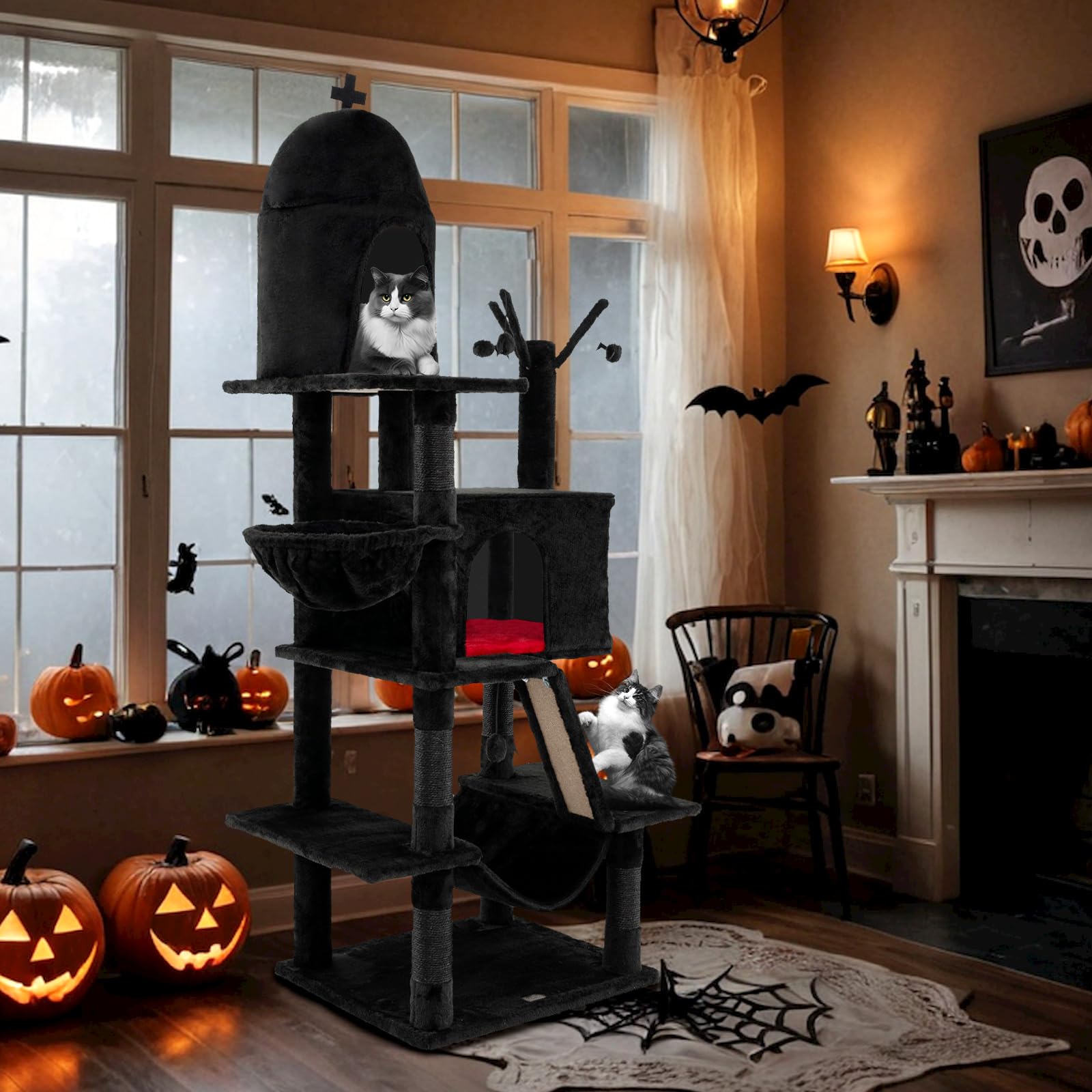 PETSITE 67 inch Tall Gothic Cat Tree, Multi-Level Halloween Cat Tree with Scratching Posts and Ladder, Cat Condos, Spooky Dangling Balls, Hammock, and Basket Bed, Goth Cat Tree for Indoor Cats, Black