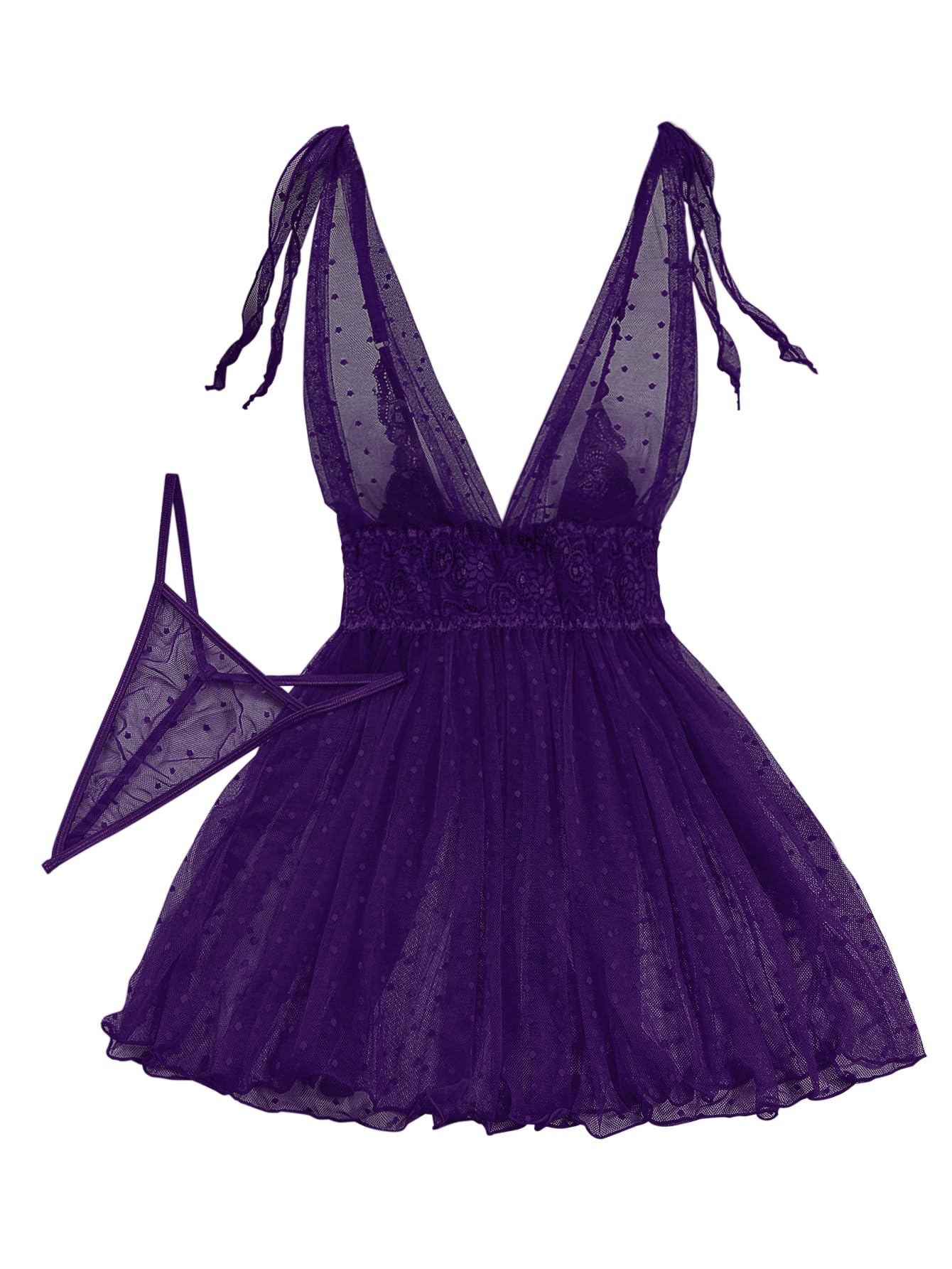 Lilosy Sexy Polka Dots Mesh Sheer Lace Babydoll Chemise Lingerie Set Floral Lace Sleep Wear: Small Purple