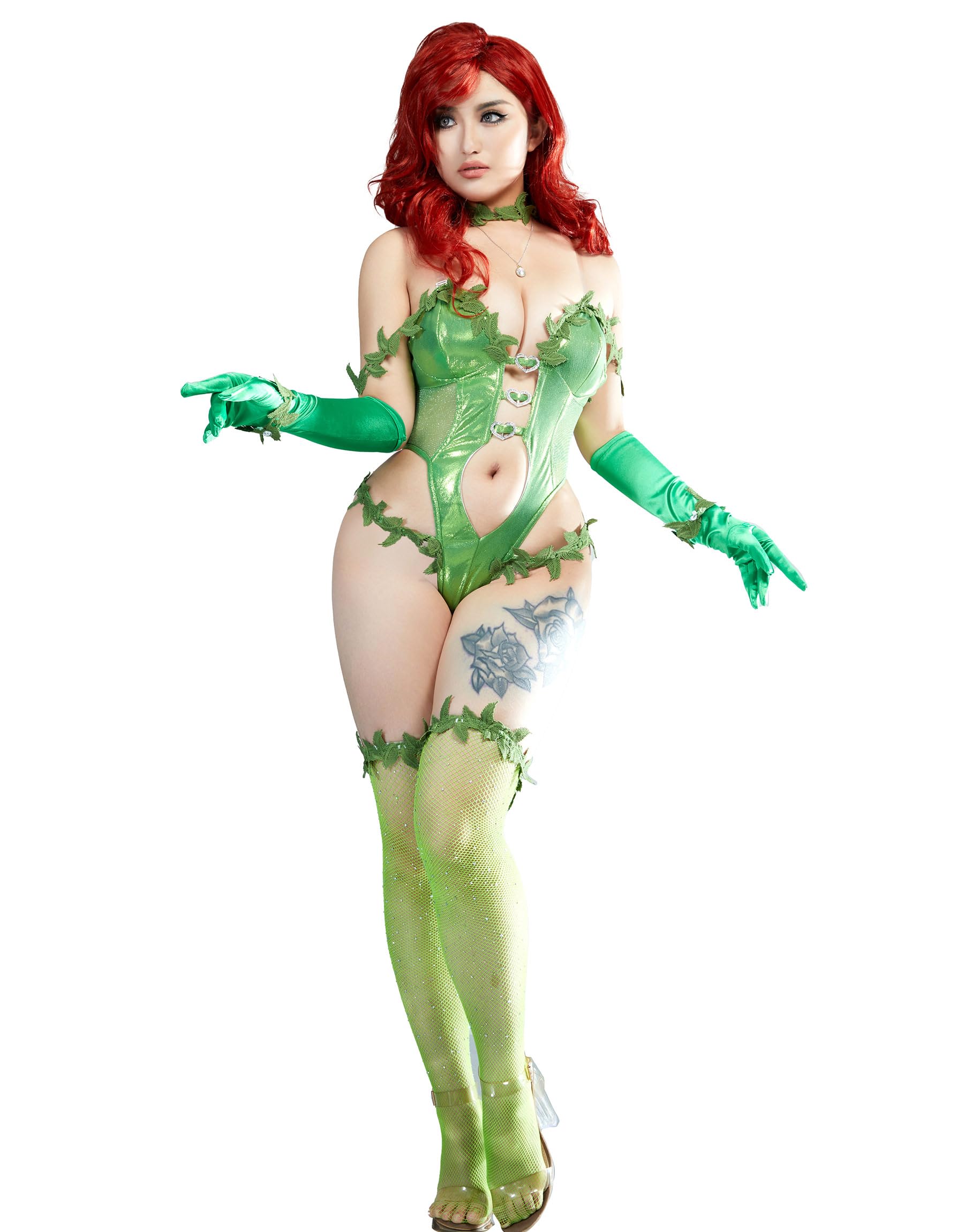 Mobbunny Women Anime Cosplay Costume Green Vine Style Outfit Sexy Lingerie Bodysuit Bodycon with Socks Gloves Choker: Small Green