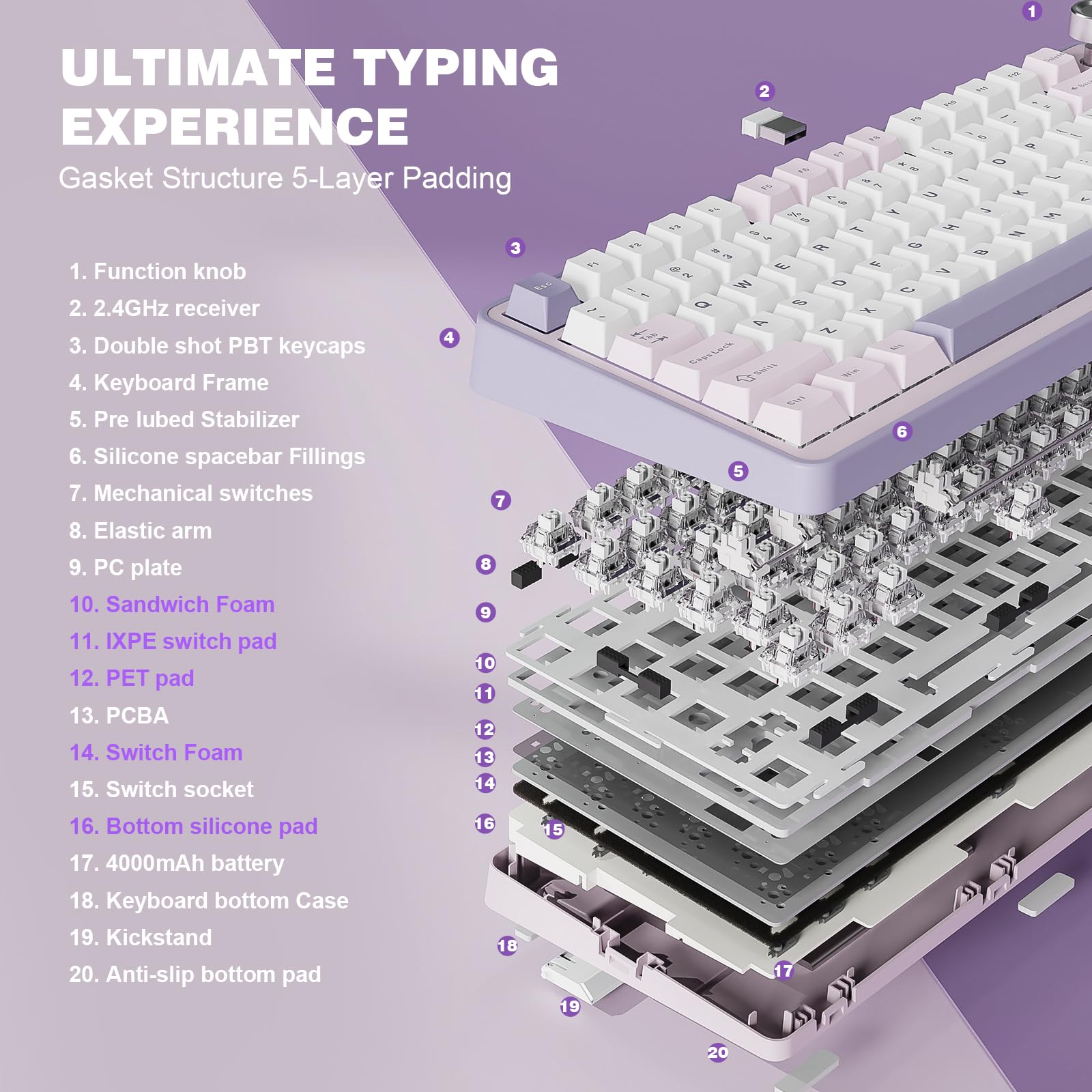 YUNZII B75 PRO Wireless Mechanical Keyboard,75% Layout with Knob,Hot Swap Gasket Custom Structure,Creamy Pre-lubed Switches,RGB Backlit,Bluetooth/Type-C/2.4G for Win/Mac(Milk Switch,Purple)
