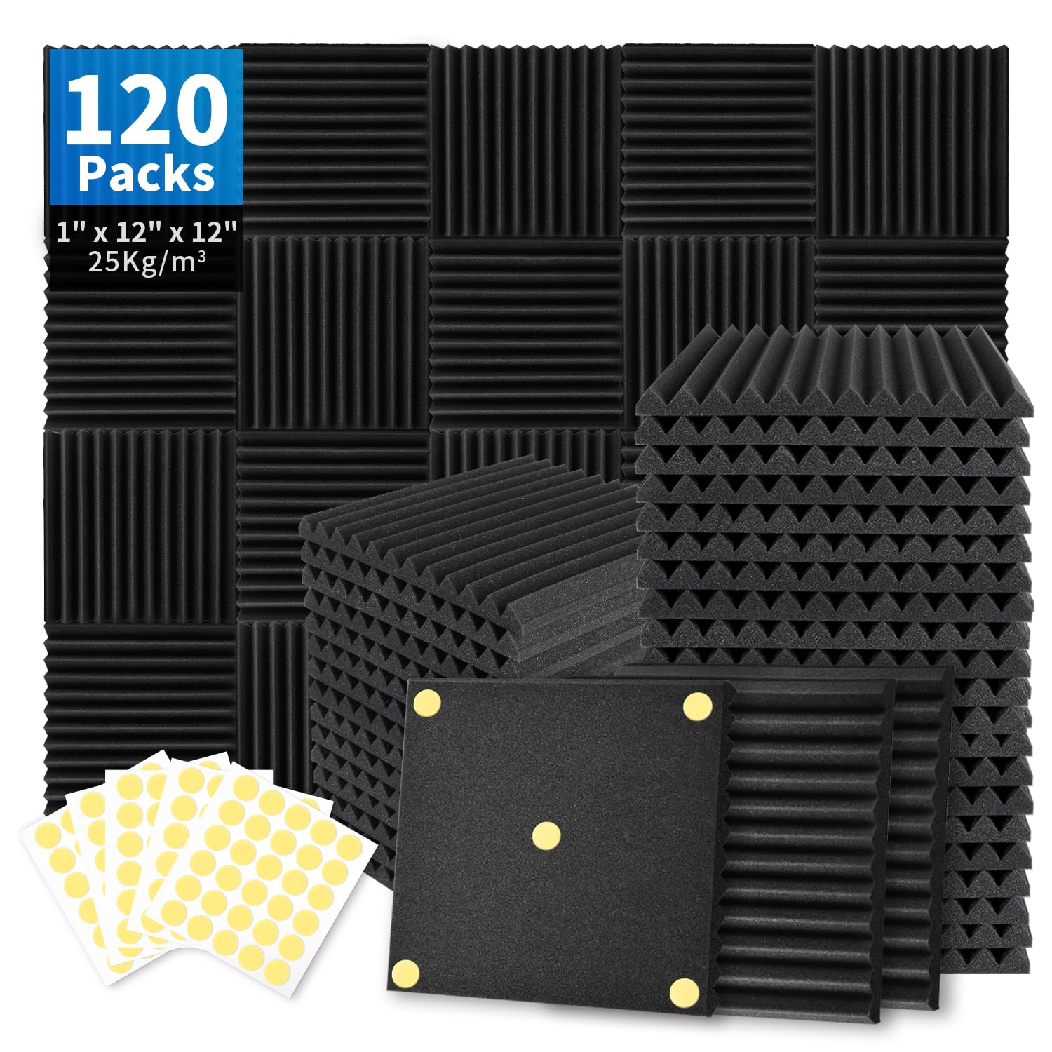 Focusound  Acoustic Foam Panels 1" x 12" x 12" Sound Proof Foam Panles Soundproofing Noise Cancelling Wedge Panels for Home Office Recoding Studio with 300PCS Double-Side Adhesive: 120 Pack