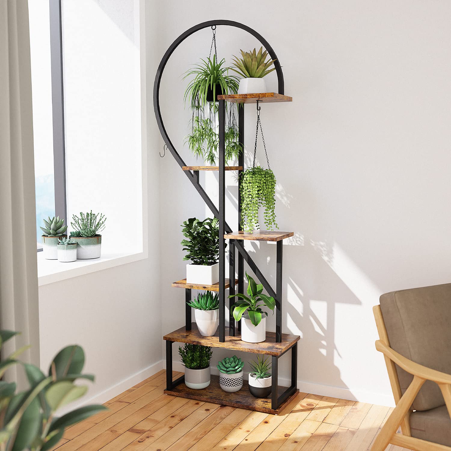 POTEY 6 Tier Metal Plant Stand, Creative Half Heart Shape Ladder Plant Stands for Indoor Plants Multiple, Brown Plant Shelf Rack for Home Patio Lawn Garden (2 Pack): Brown - 1 Pack