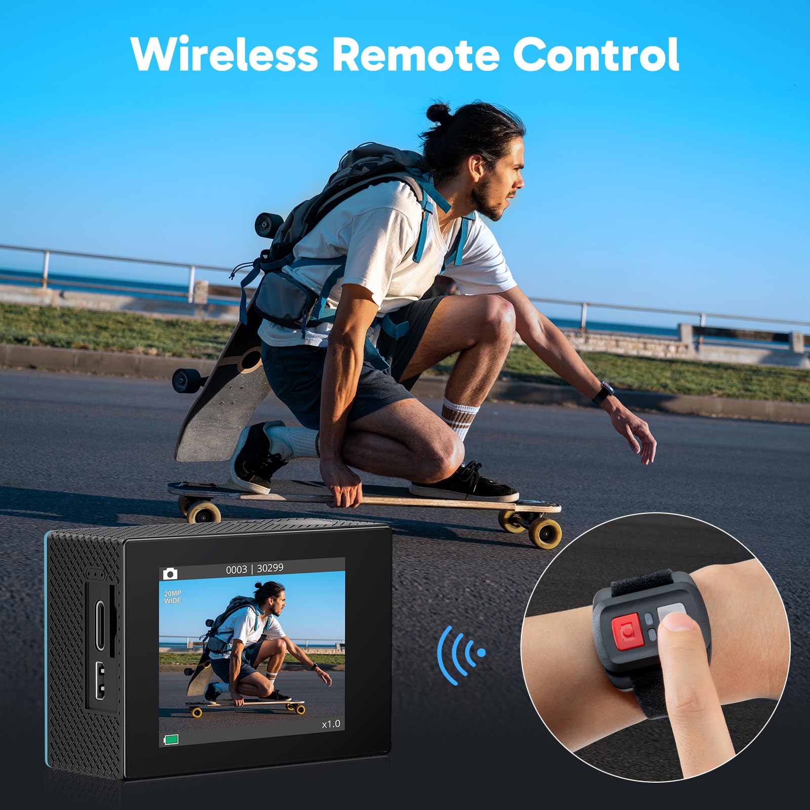 AKASO EK7000 4K30FPS 20MP WiFi Action Camera with EIS Ultra HD 131FT Waterproof Underwater Camera Remote Control 4X Zoom Support External Microphone: Blue