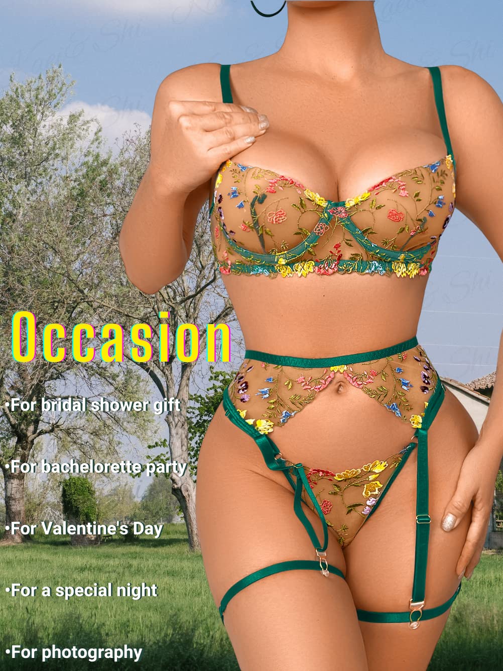 Kaei&Shi Vibrant Floral Embroidery, Underwire, Thong, Thigh Straps, Lingerie Set: 4-6 Green