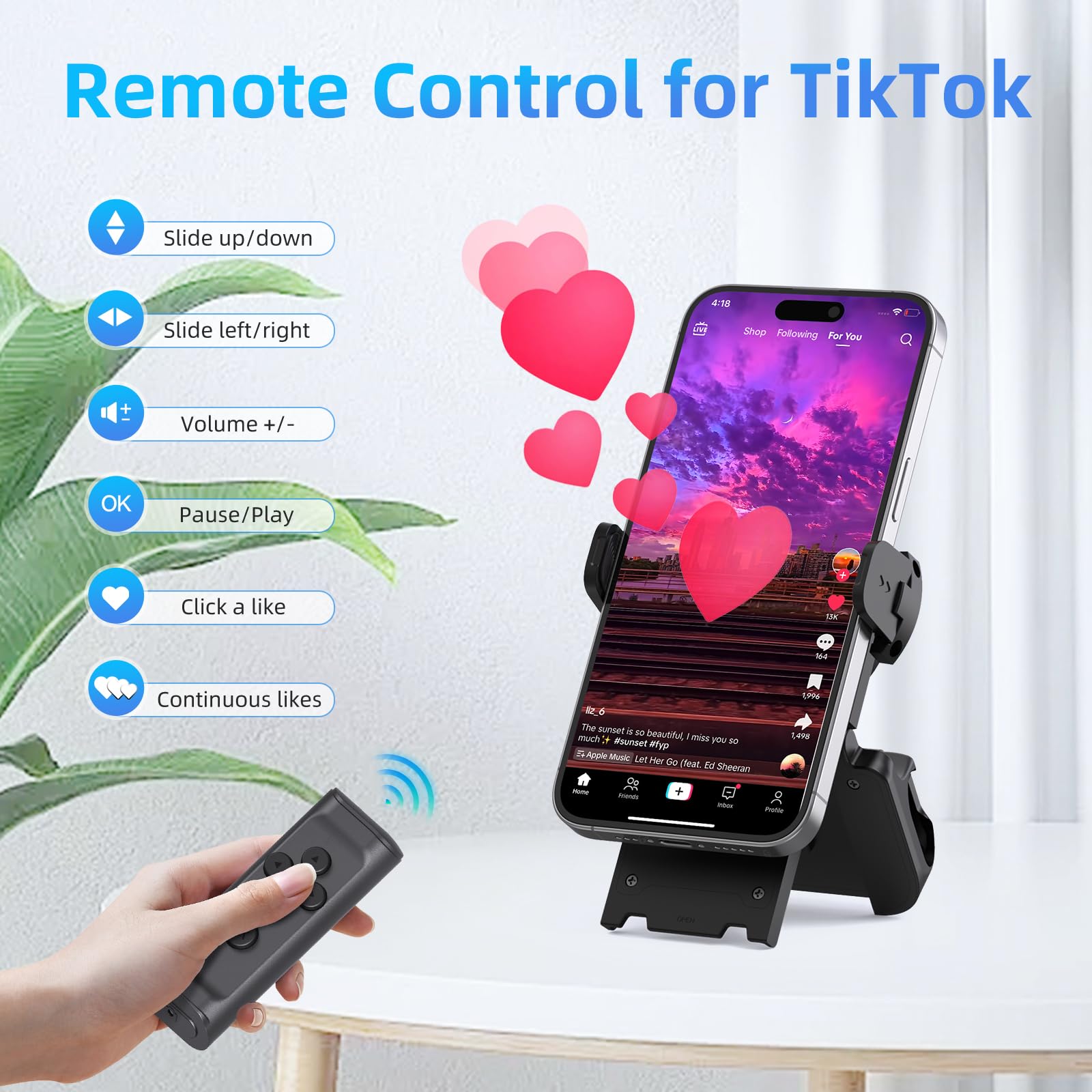 MILOUZ Remote Control Scrolling for Tiktok with Phone Stand,Page Turner for Kindle App E-Book,Bluetooth Camera Shutter Remote for iPhone, Android,iOS,iPad,Tablet: Black
