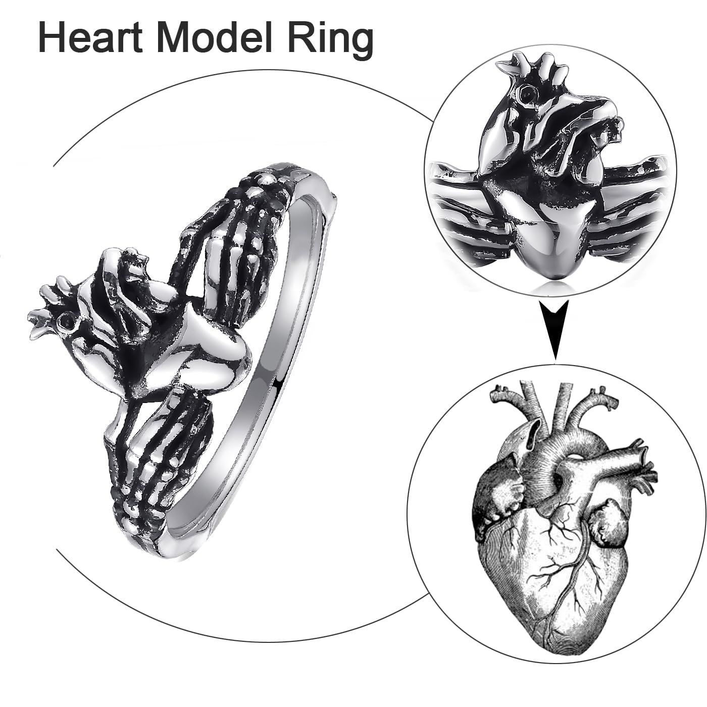 AVECON Skull Claddagh Heart Rings Silver Statement Rings Stackable Ring for Women Girls Native Heart Model Rings Size 5-9