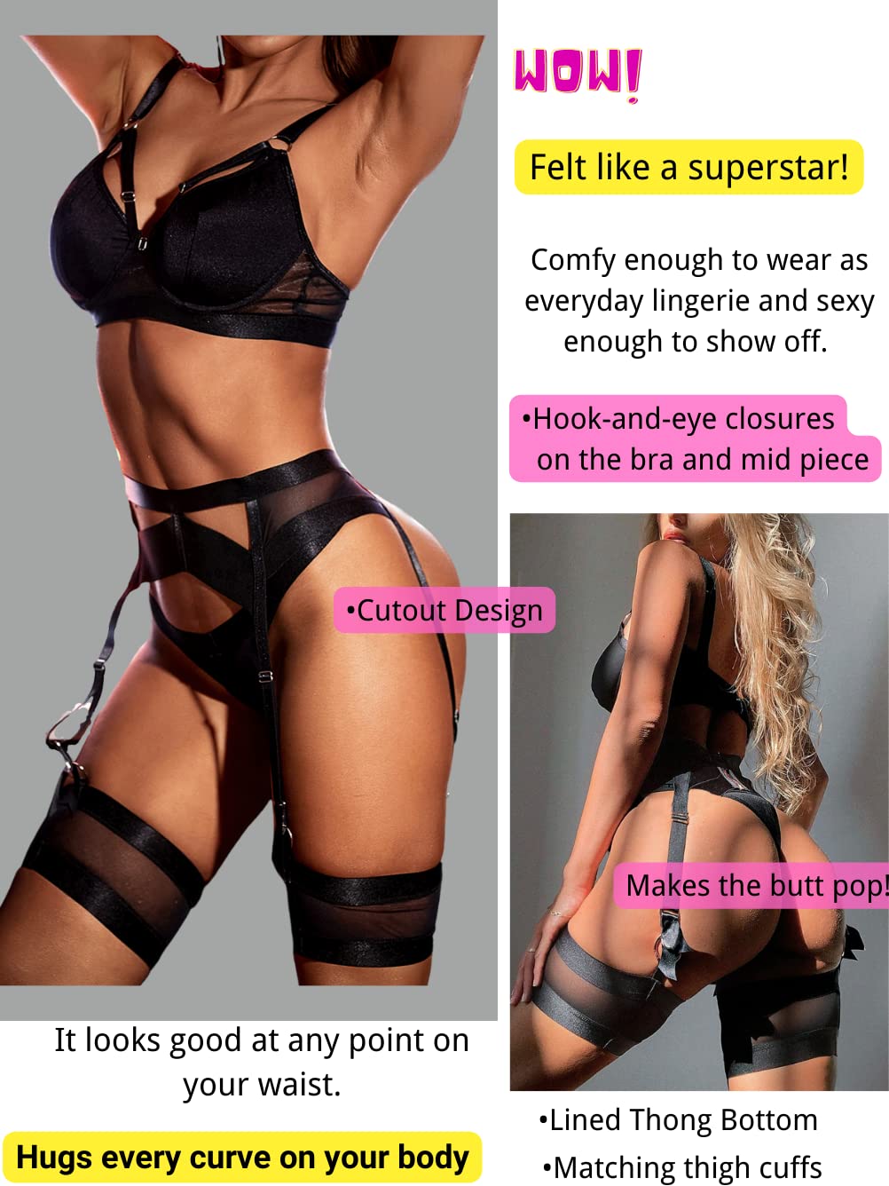 Garter Lingerie for Women,Sexy Lace Lingerie,Sheer Matching 4 Piece Lingerie Set: 14 Black