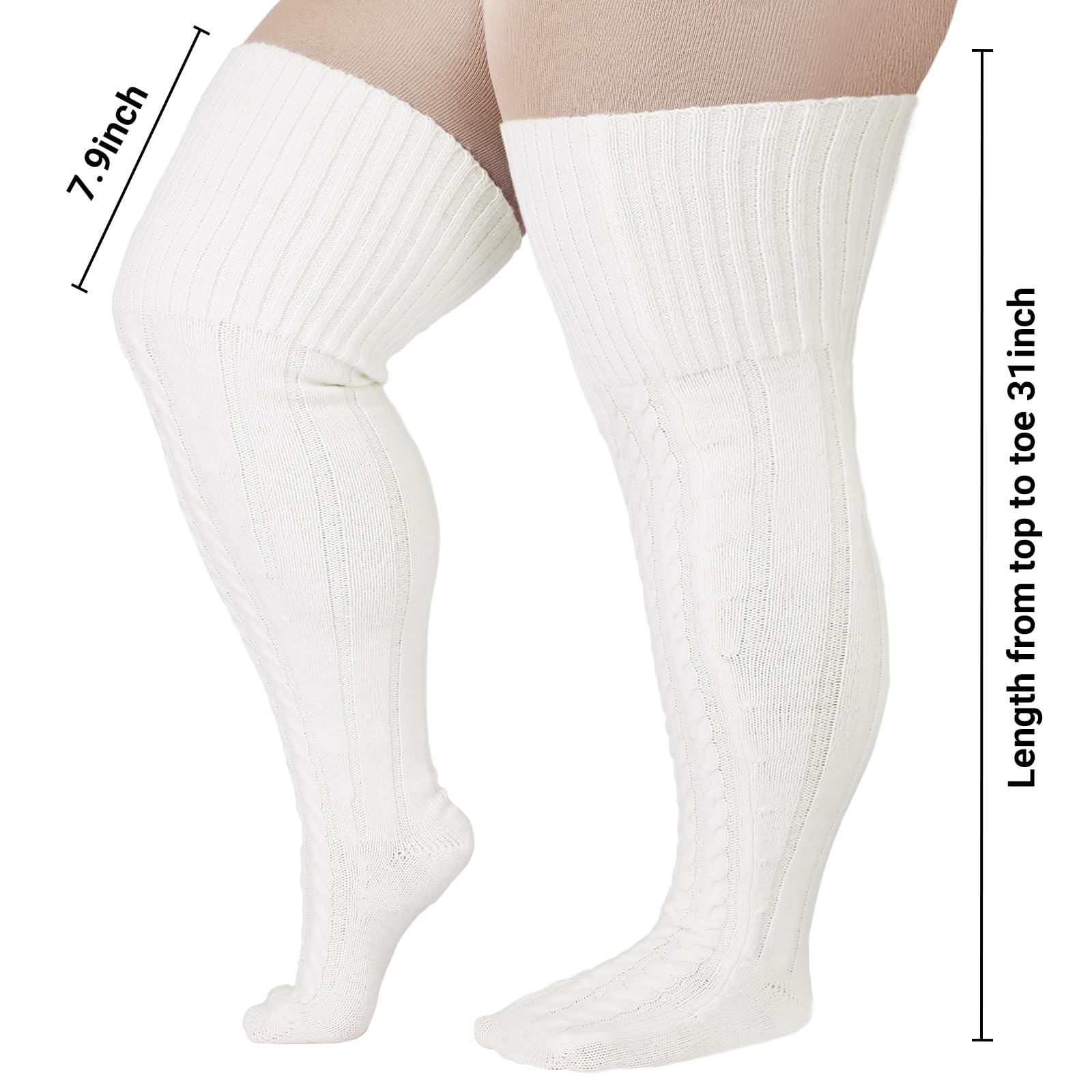 Wool Plus Size Thigh High Socks For Thick Thighs- Extra Long Womens Warm Cable Knit Over Knee Stockings Leg Warmers: One Size Plus White