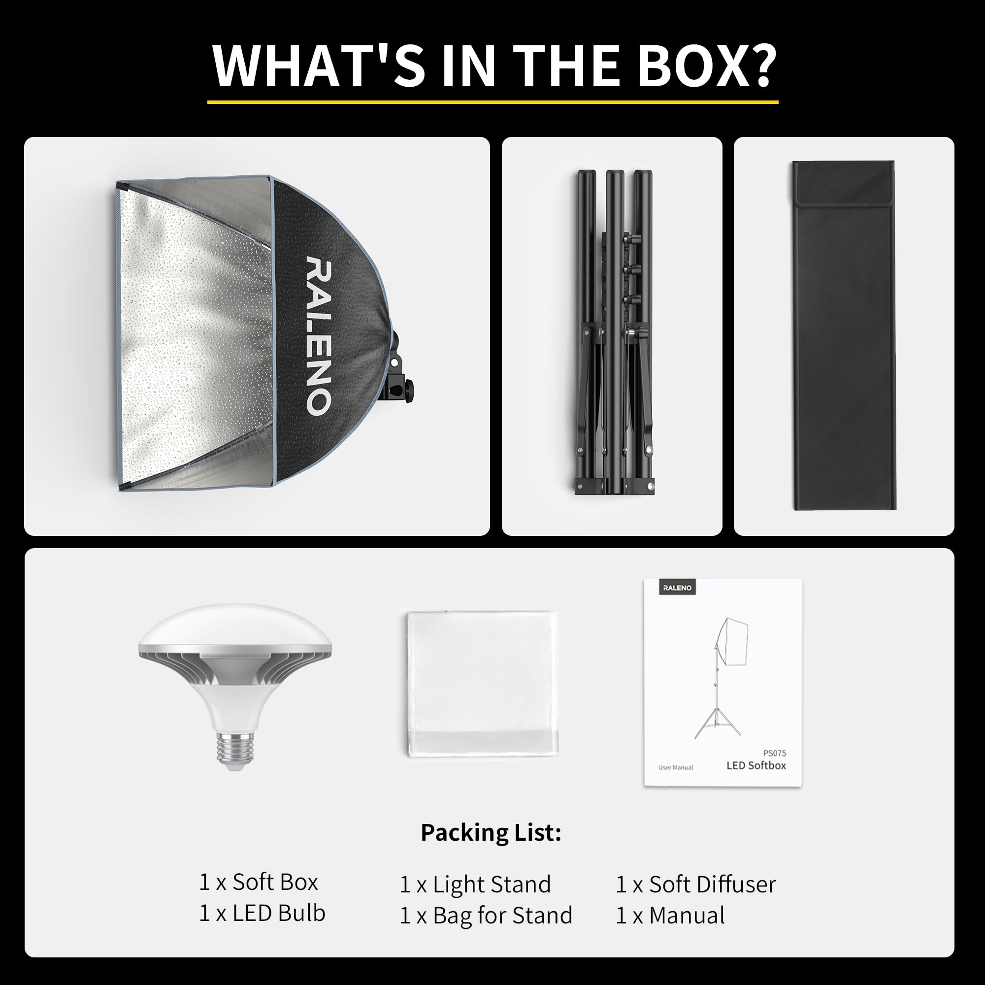 RALENO Softbox Photography Lighting Kit, 16'' x 16'' Softbox Lighting for TikTok with LED Bulb (50W | 5500K | 97 CRI | TLCI≥97), Continuous Lighting for Video Recording & Photography Shooting: Black