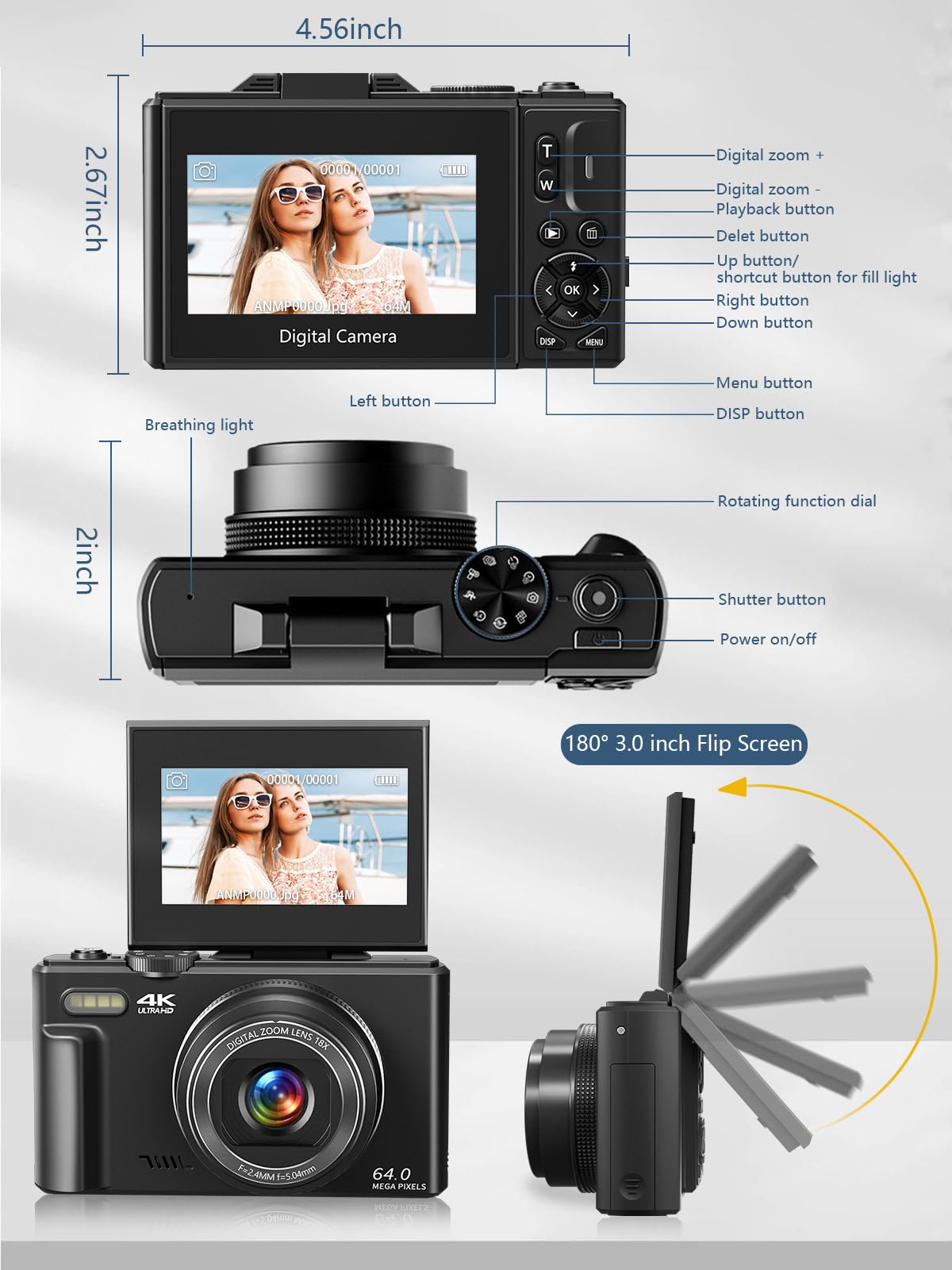 Digital Camera for Photography, 4K Vlogging Camera for YouTube 3" 180° Flip Screen 18X Digital Zoom Compact Retro Cameras with 32GB TF Card & 2 Batteries,: Black