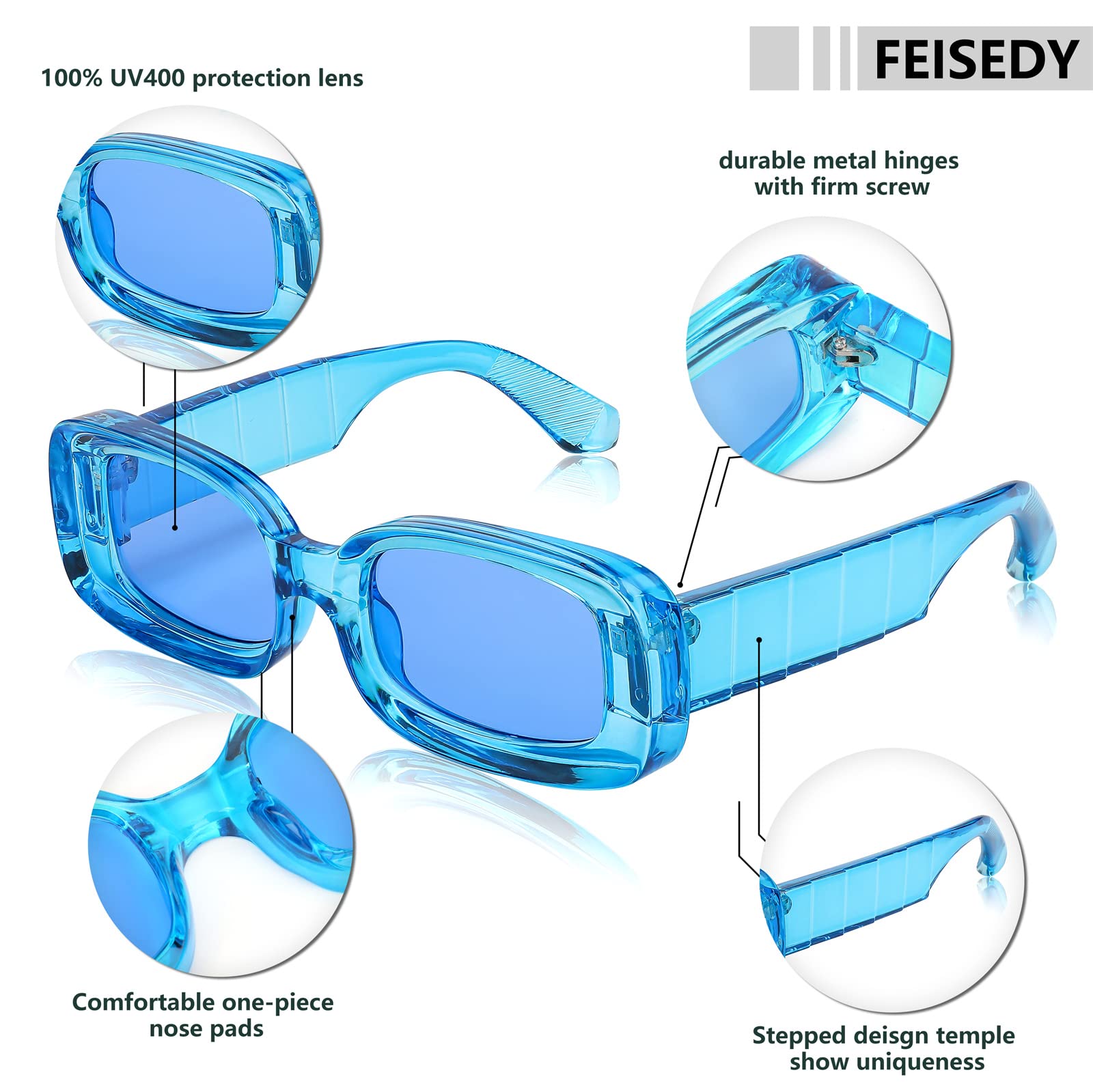 FEISEDY Retro Thick Rectangle Sunglasses Retro 90s Small Chunky Square Women Men B2307 thumbnail 8
