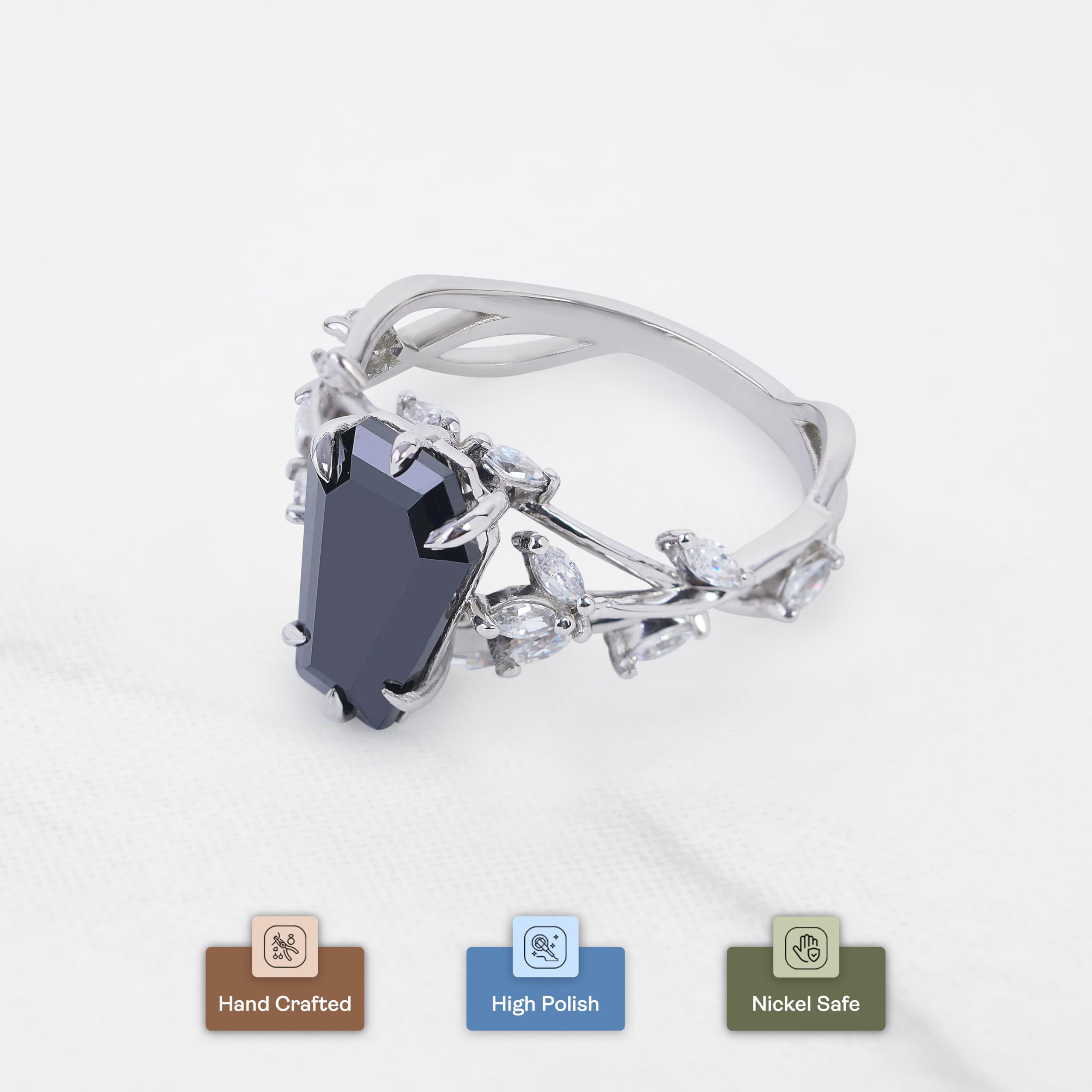 Dfine Jewelry Store Coffin Cut Black Moissanite Ring 925 Sterling Silver Dark Macabre Gothic Engagement Wedding Statement Womens Ring Goth Jewelry Size 4 to 10: 6.5