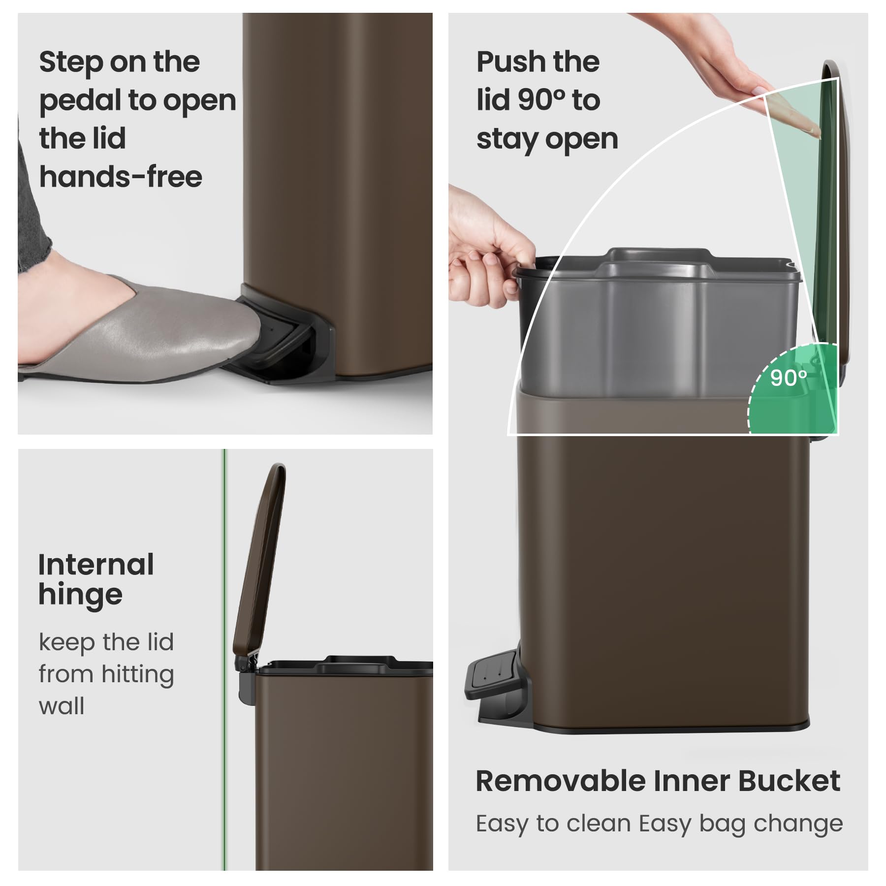 Cesun Small Bathroom Trash Can with Lid Soft Close, Step Pedal, 6 Liter / 1.6 Gallon Stainless Steel Garbage Can with Removable Inner Bucket, Anti-Fingerprint Finish (): Brown