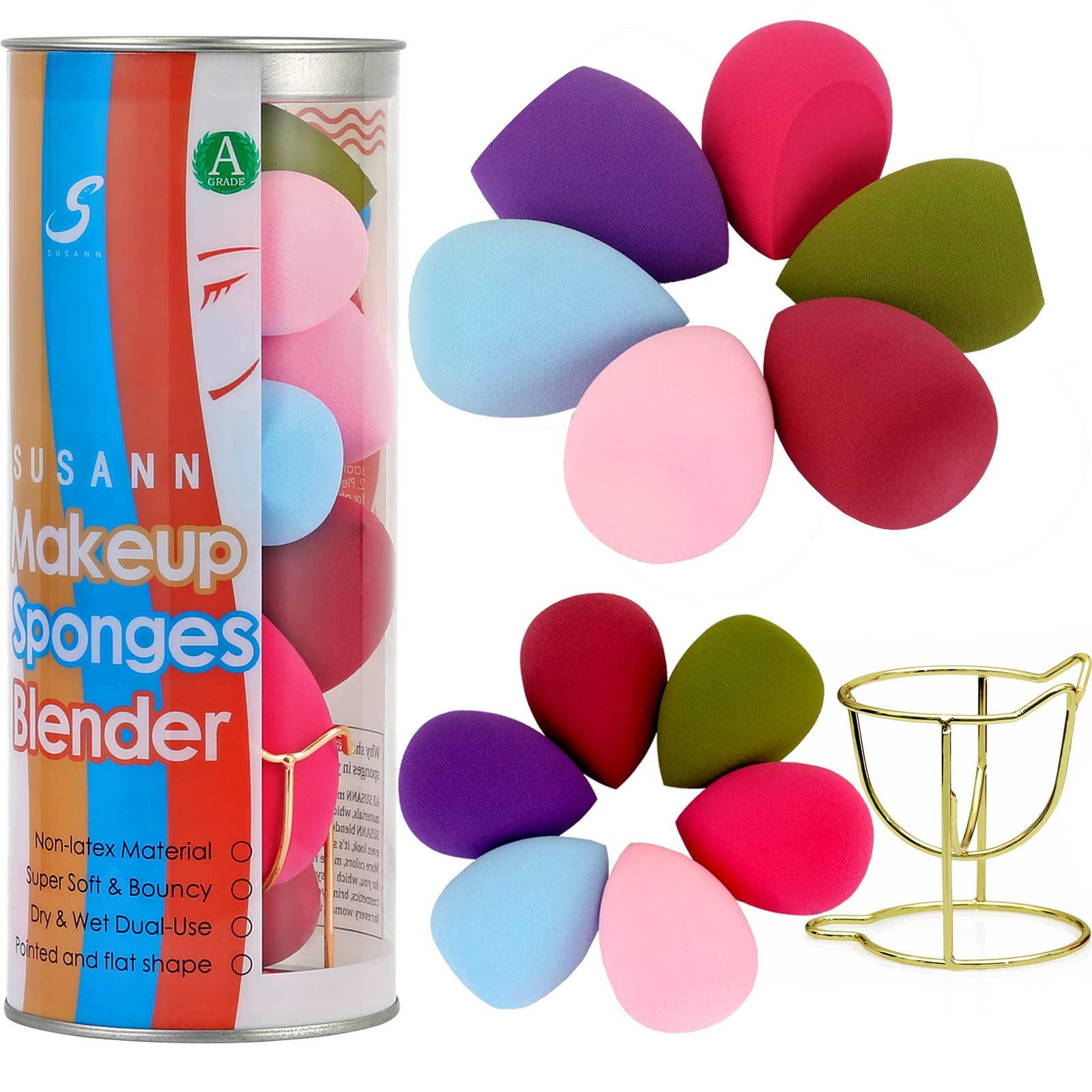 Makeup Sponge Blender Beauty Sponge Set 12pcs and Beauty Foundation Sponge Blender Holder 1PCS,Blending Sponges Cosmetic Puff Flawless for Cream, Liquid Foundation & Powder,Gift for Women: 12pc+1 dry holder