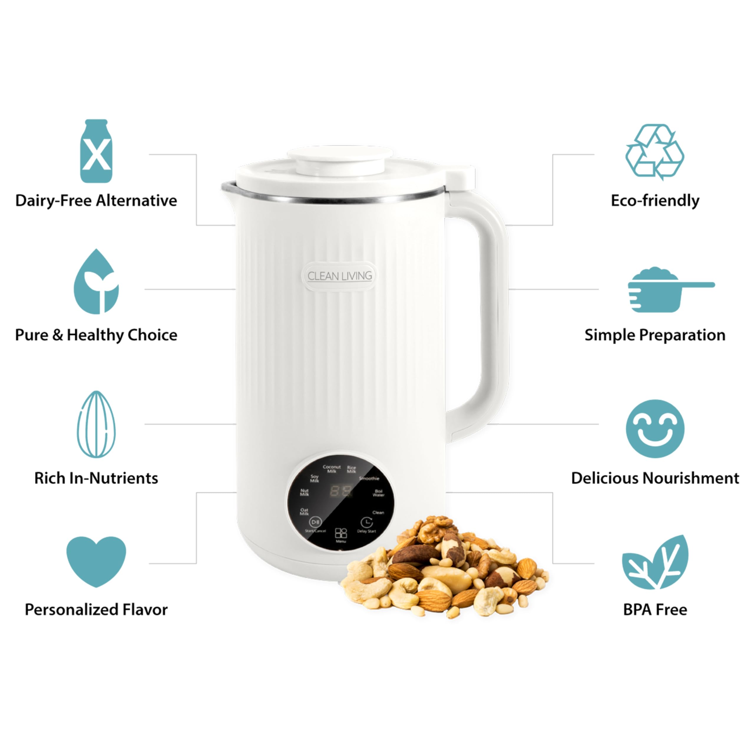 Clean Living With Michelle 1qt. Plant Milker, 8-in-1 Multi-Functional, Self-cleaning, Nut Milk Maker, Homemade Plant Milk Maker, Almond Milk Machine 33.8oz (): White