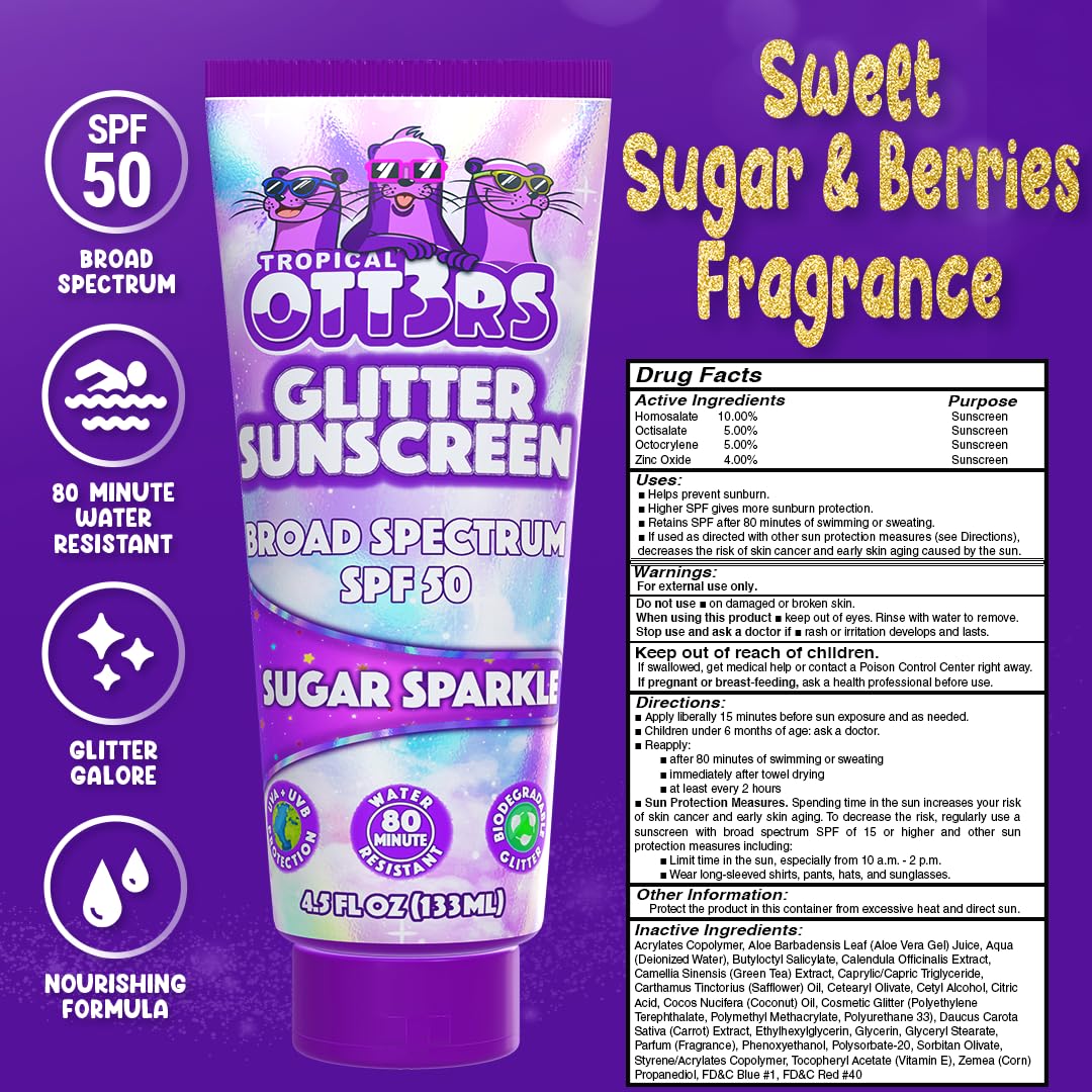 Glitter Sunscreen SPF 50 Lotion 4.5oz - Sparkle & Shimmer Sunscreen for Kids & Women - UVA/UVB Protection + 80 Min Water Resistant - No Fragrance (USA Made)