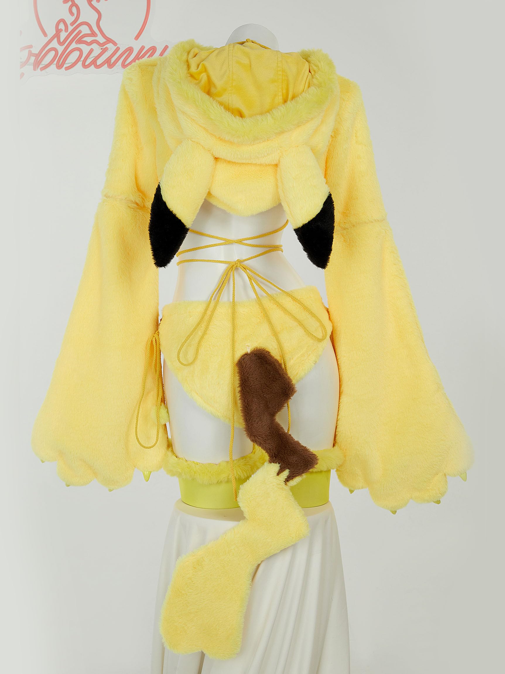 Mobbunny Anime Cosplay Lingerie Set for Women Yellow Plush Pajamas Homewear Furry Paw Gloves Hoodie Top and Bra Panty