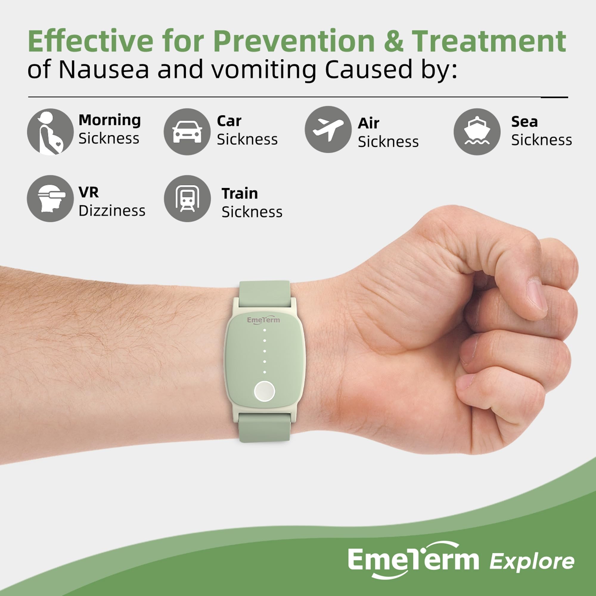 EmeTerm Explore  Anti-Nausea Wristband IP67 Waterproof Morning Motion Travel Sickness Vomit Relief Rechargeable Classic Strap Design No Gel Drug Free Without Side Effects: Mint Green