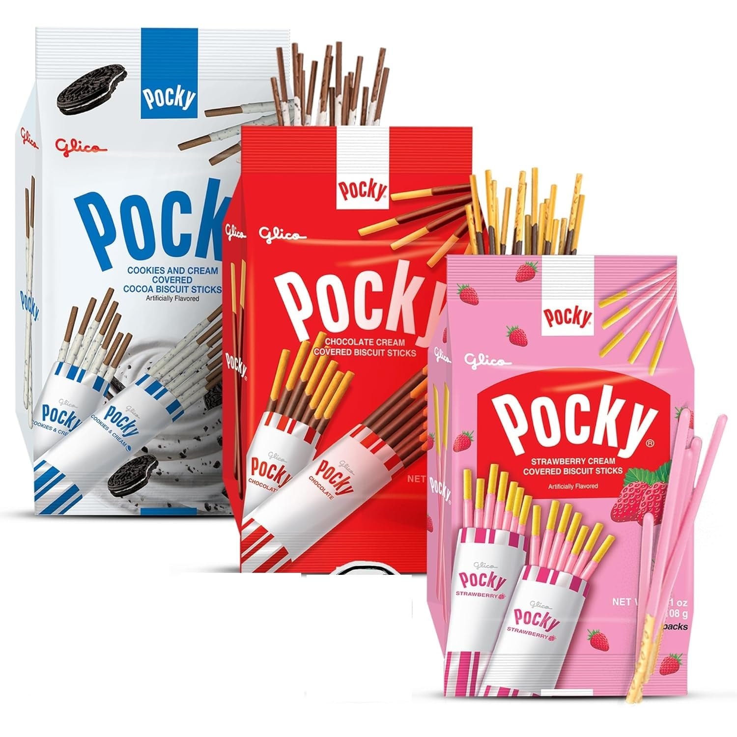 Pocky Sticks Japanese Snacks Variety Pack of 3 - Poky Stix Strawberry, Chocolate, Cookies, and Cream Asian Candy by Grateful Grocer - Image 1