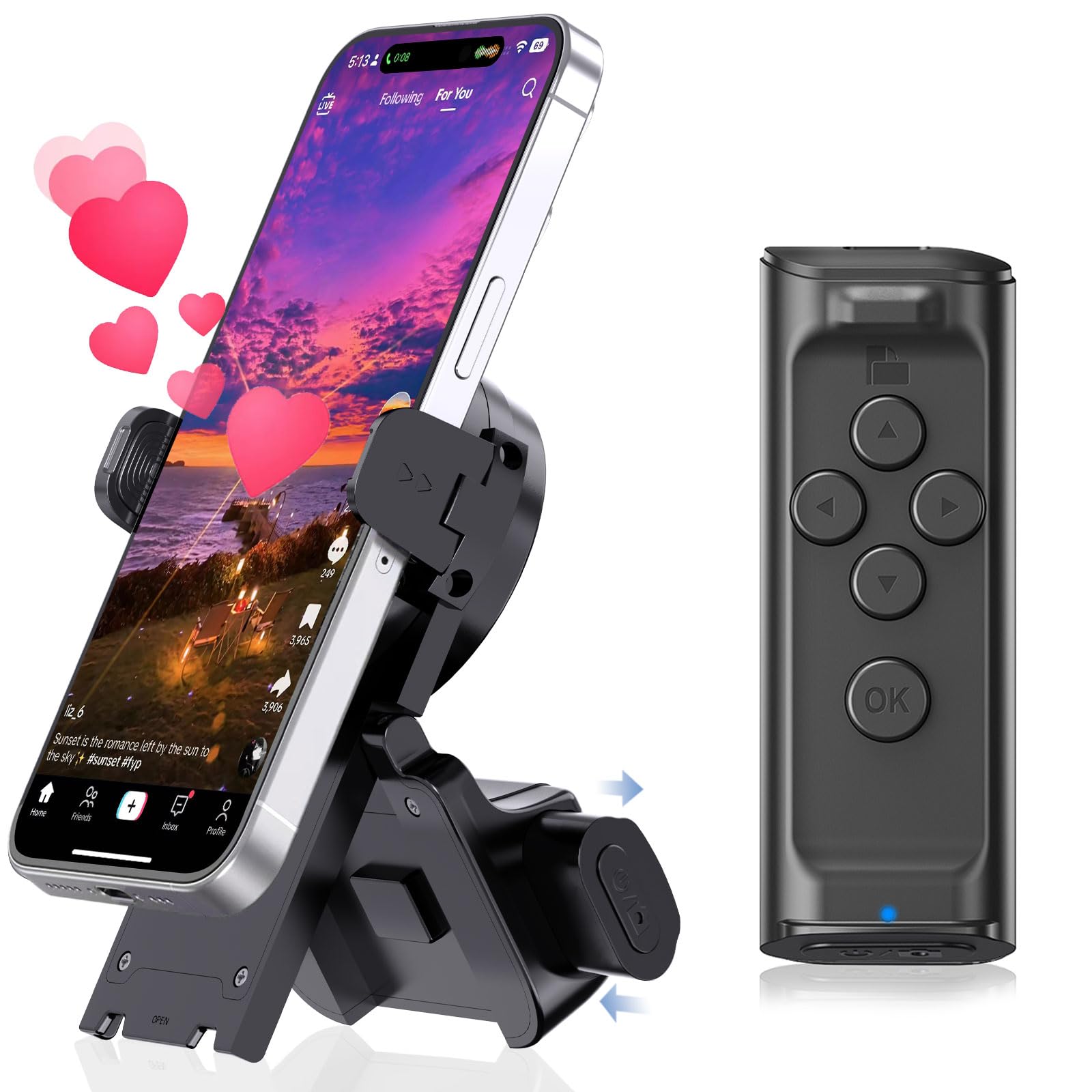 MILOUZ Remote Control Scrolling for Tiktok with Phone Stand,Page Turner for Kindle App E-Book,Bluetooth Camera Shutter Remote for iPhone, Android,iOS,iPad,Tablet: Black