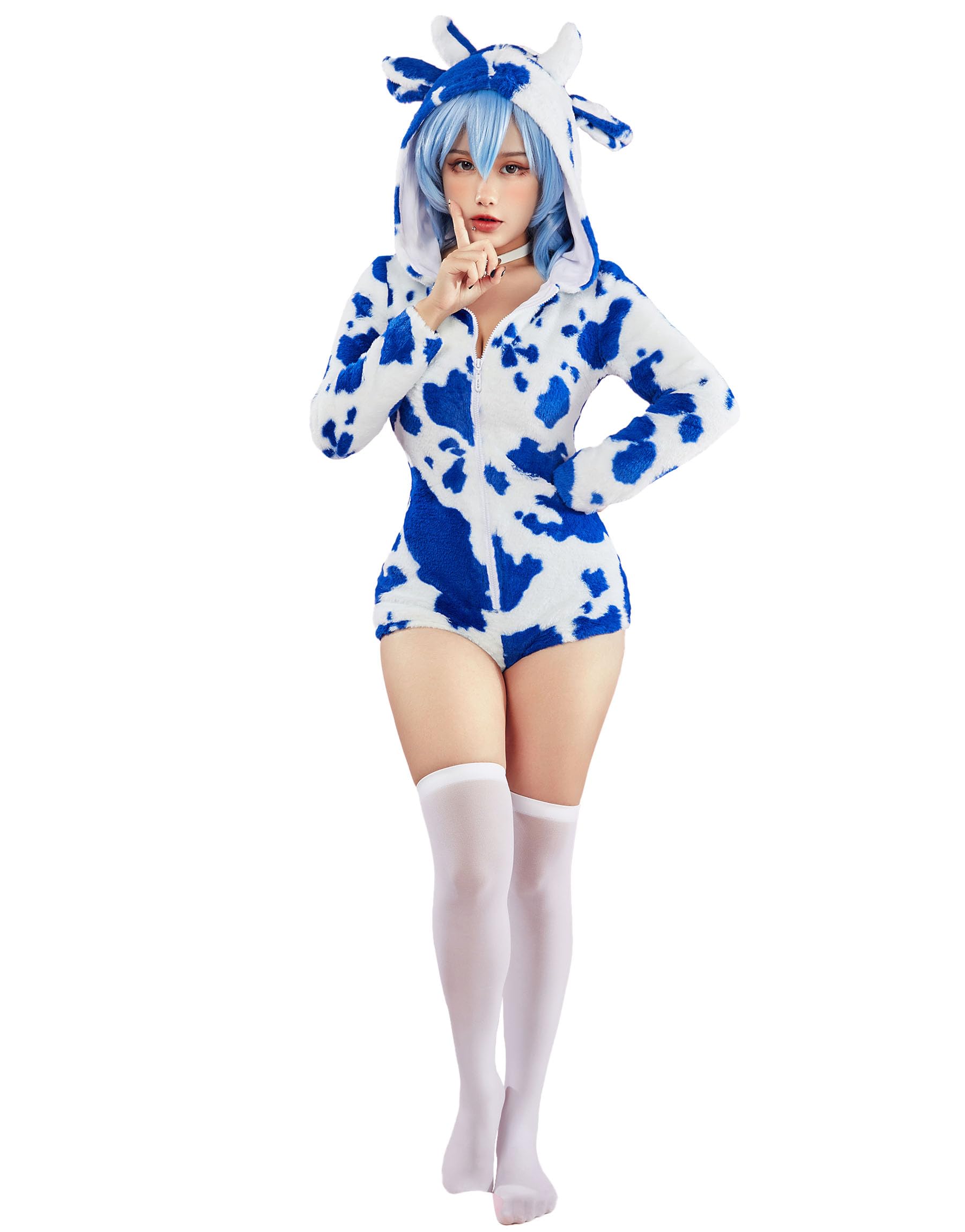 Mobbunny Cute Cartoon Cow Print Cosplay Costume Fuzzy Onesie Hooded Jumpsuit Zip-up Romper Pajamas: Medium Blue and White