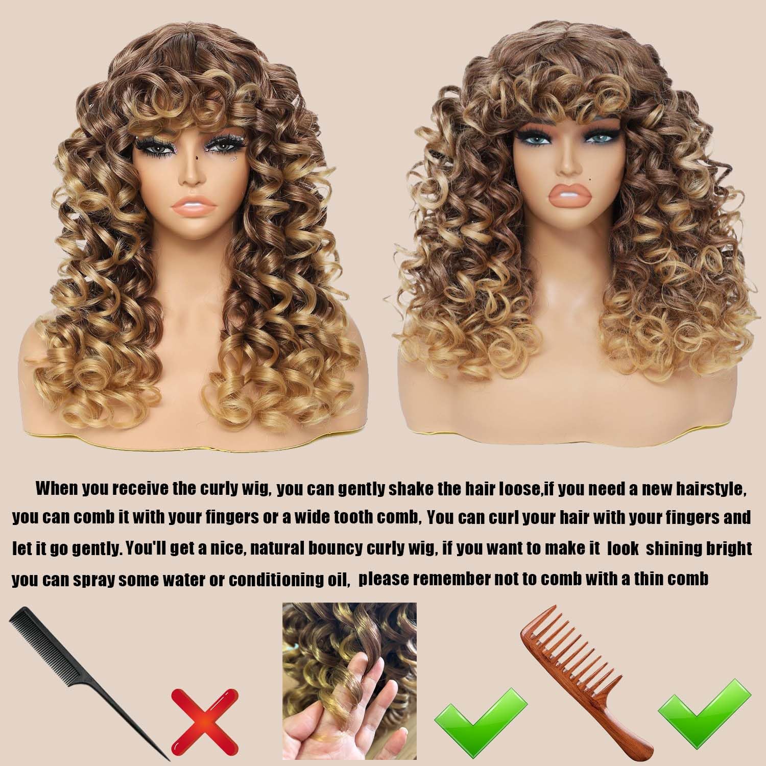 GKtineke Curly Wig with Bangs, 20 Inch, , Synthetic Hair, Heat Resistant, Modern Style, Female, 22.5 Inch Cap Size, Curly Wig with Bangs for White & Black Women, Cosplay & Daily Use: black