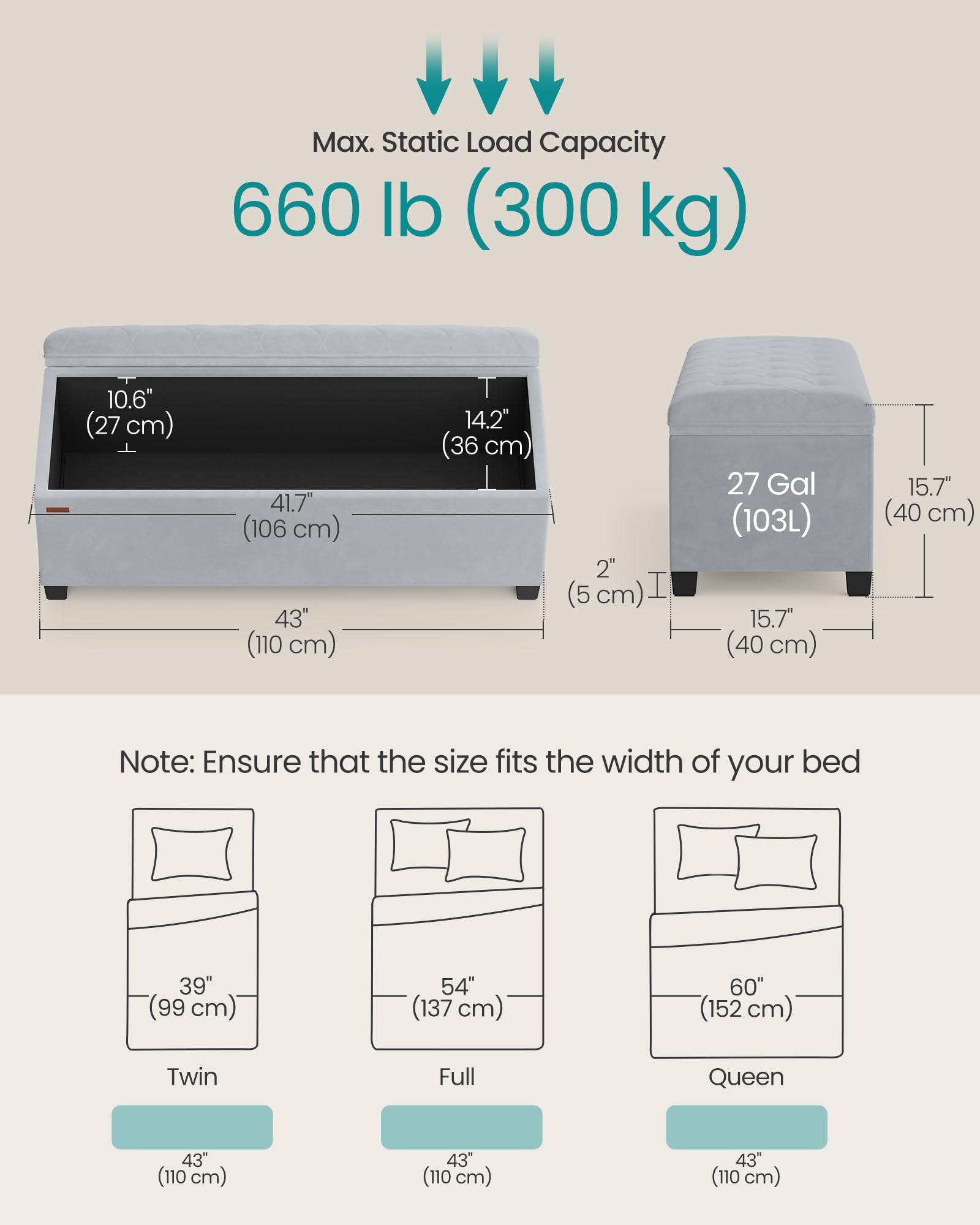 SONGMICS Velvet Storage Ottoman Bench, Foot Rest with Legs, 15.7 x 43 x 15.7 Inches, End of Bed Bench, Storage Chest, Load up to 660 lb, for Living Room, Bedroom, Entryway,  ULSF089C01: Dove Gray